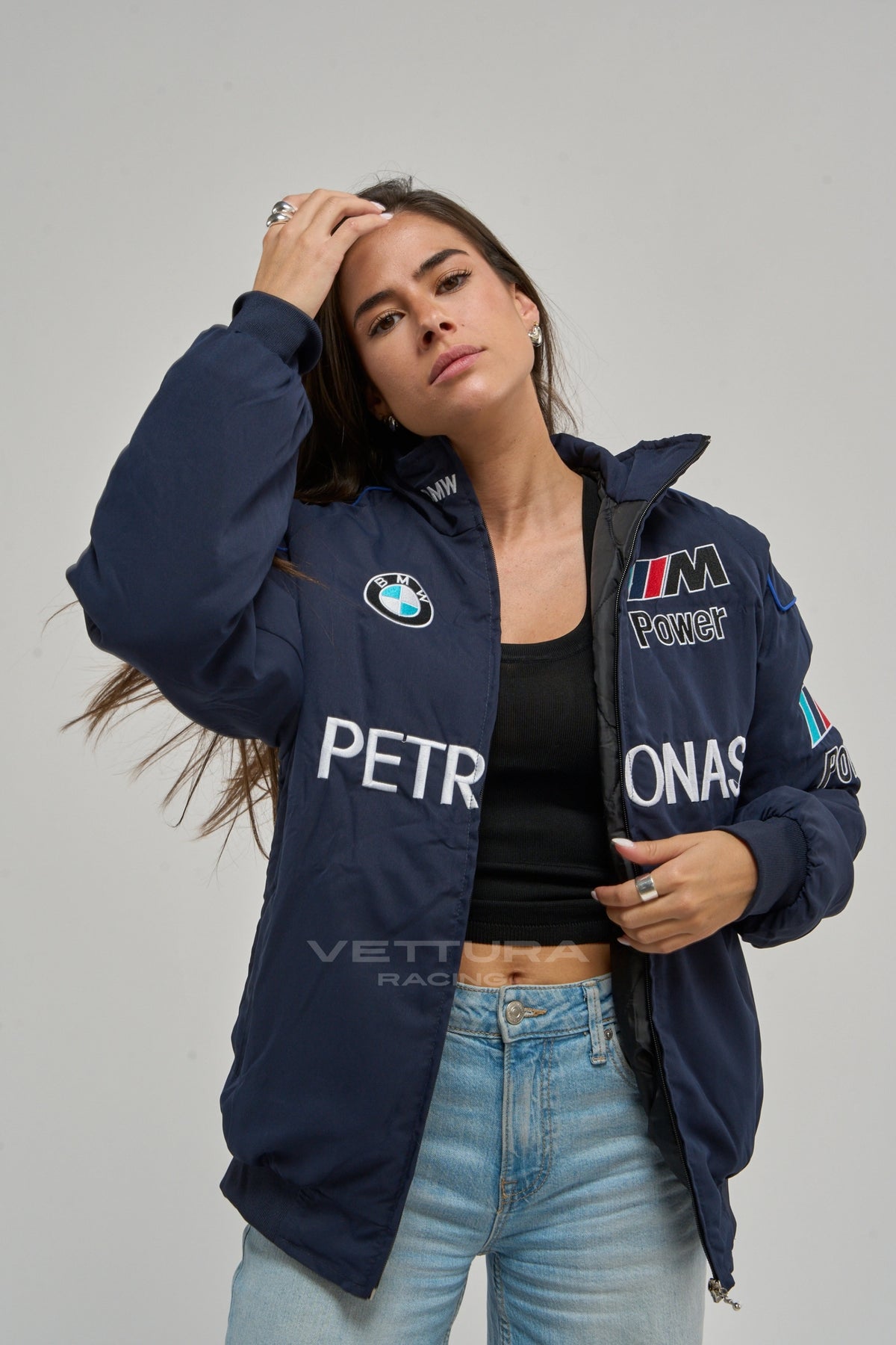 Street style look with the navy BMW Petronas vintage racing jacket