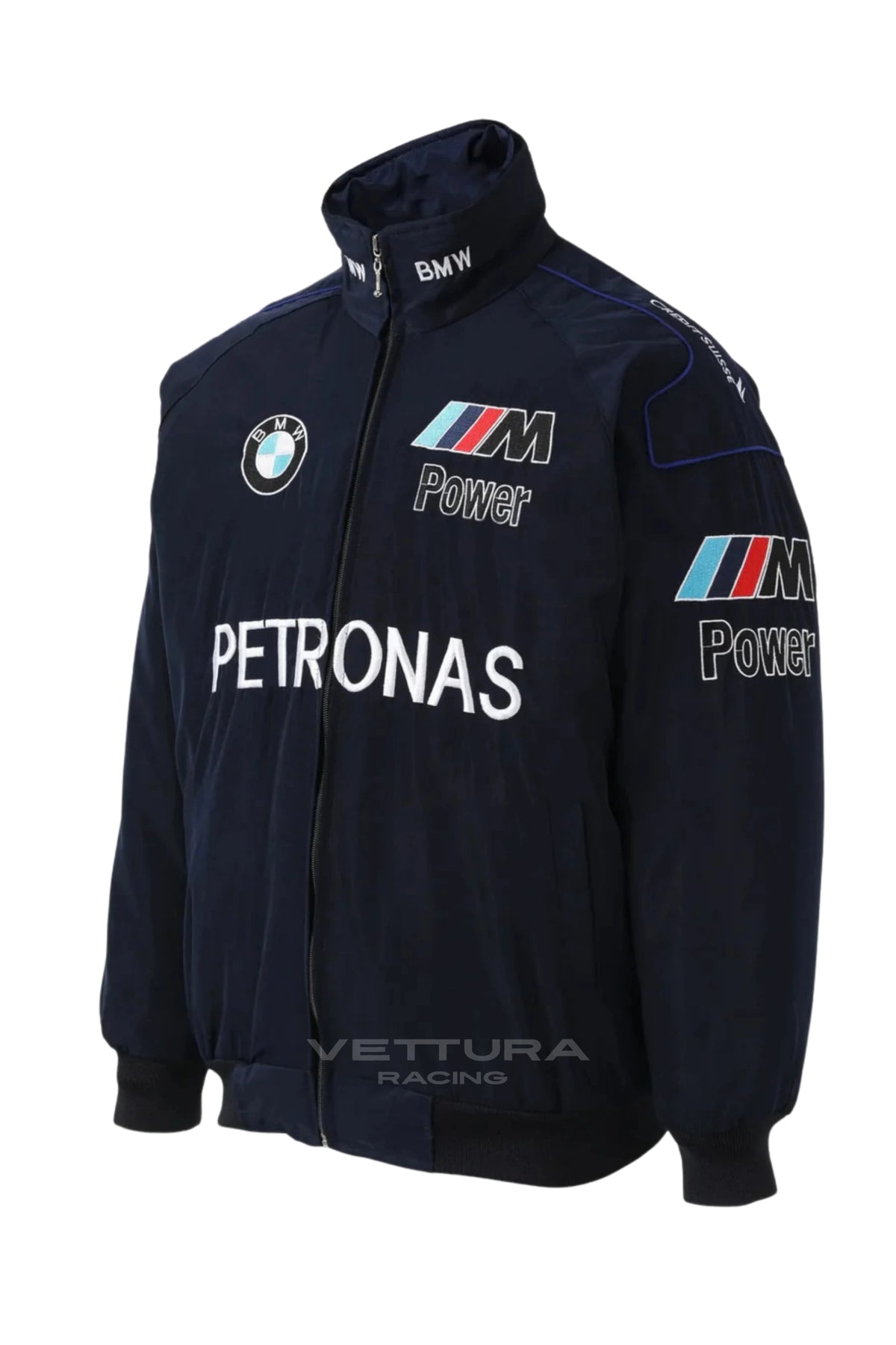 Close front view of the BMW Petronas F1 racing jacket showing the M Power stripes