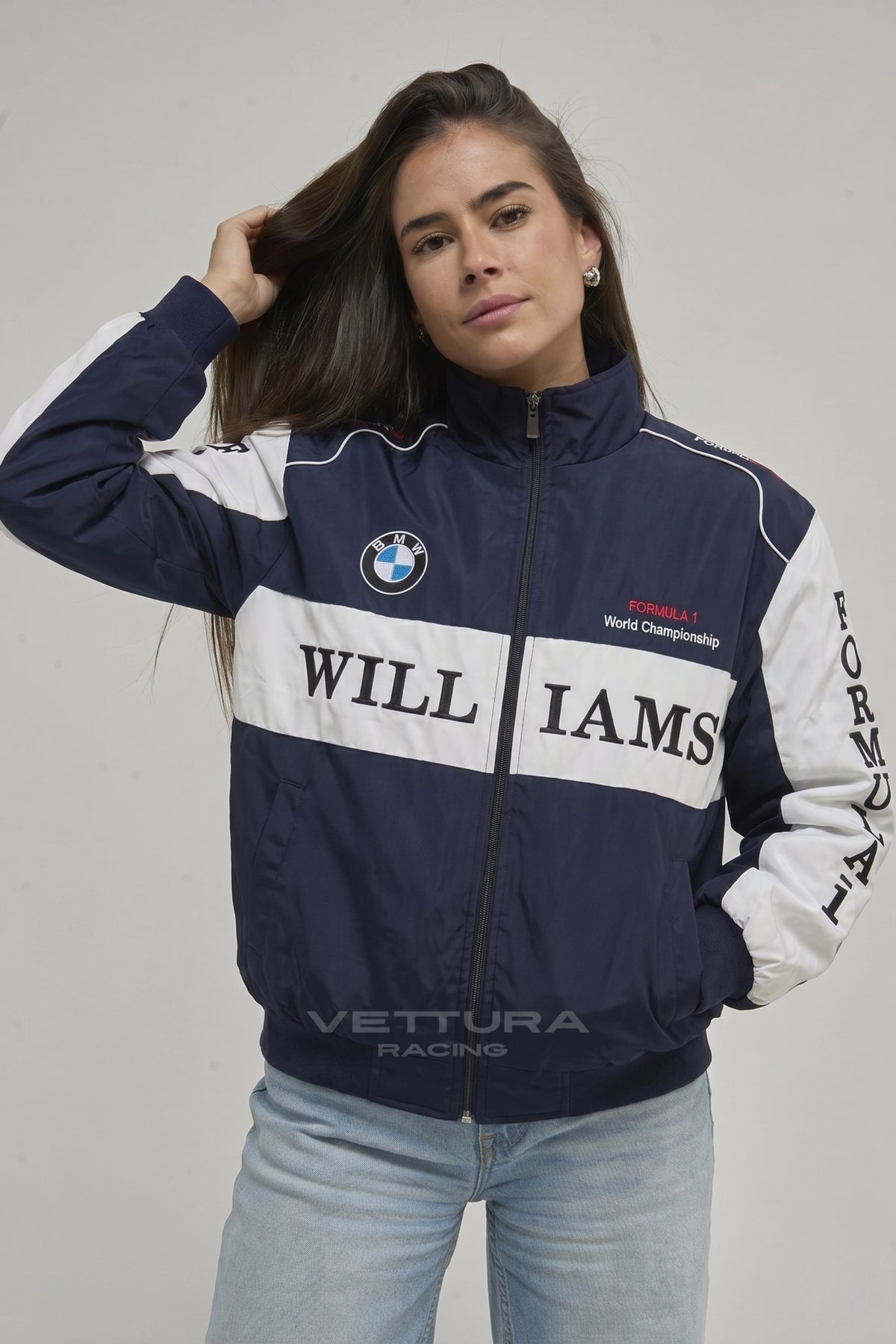 Model wearing the BMW Williams F1 vintage racing jacket, front view