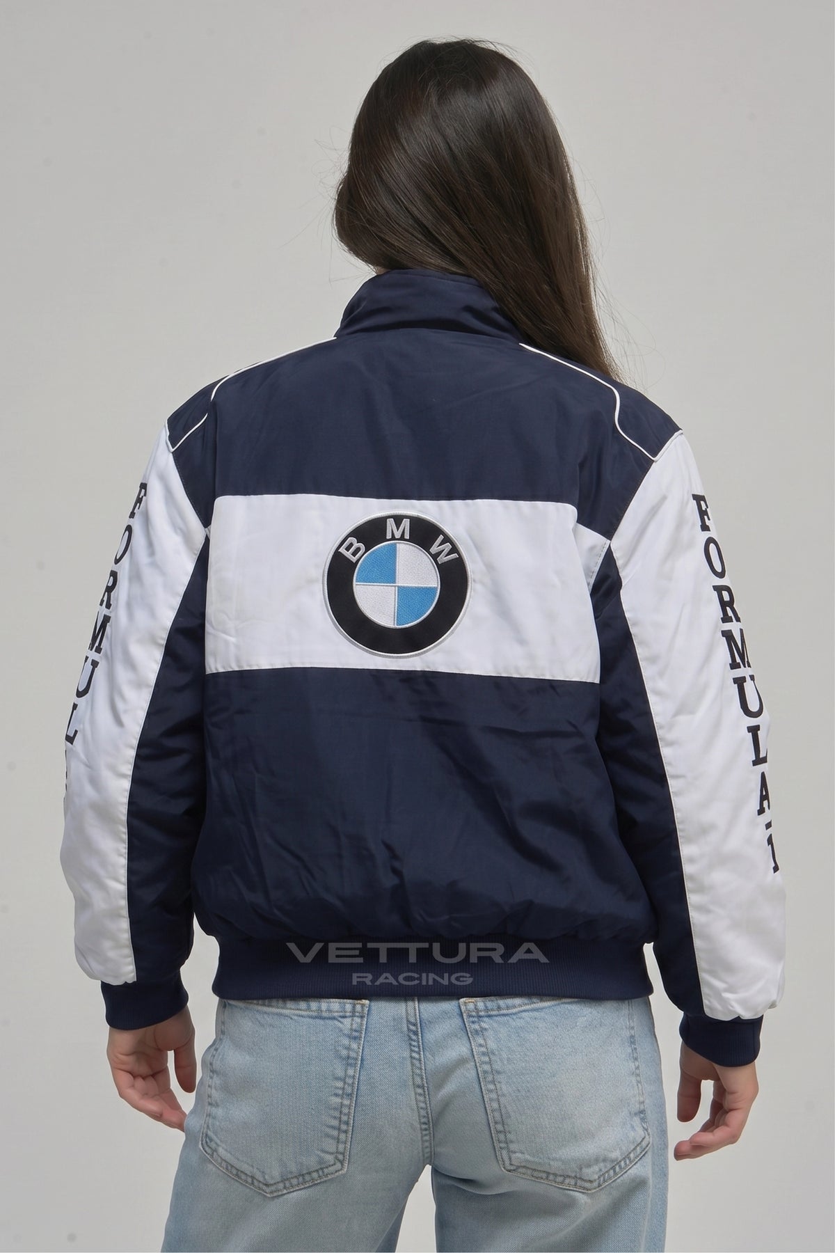 BMW Williams racing jacket on a model, Formula 1 sleeve detail