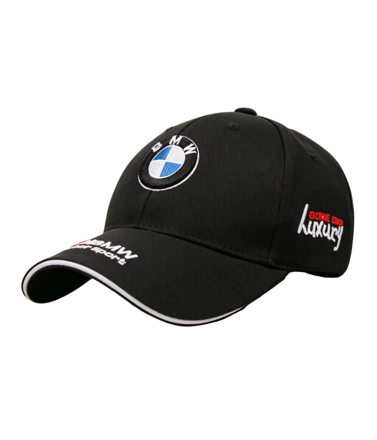 Black BMW Motorsport embroidered cap, side view