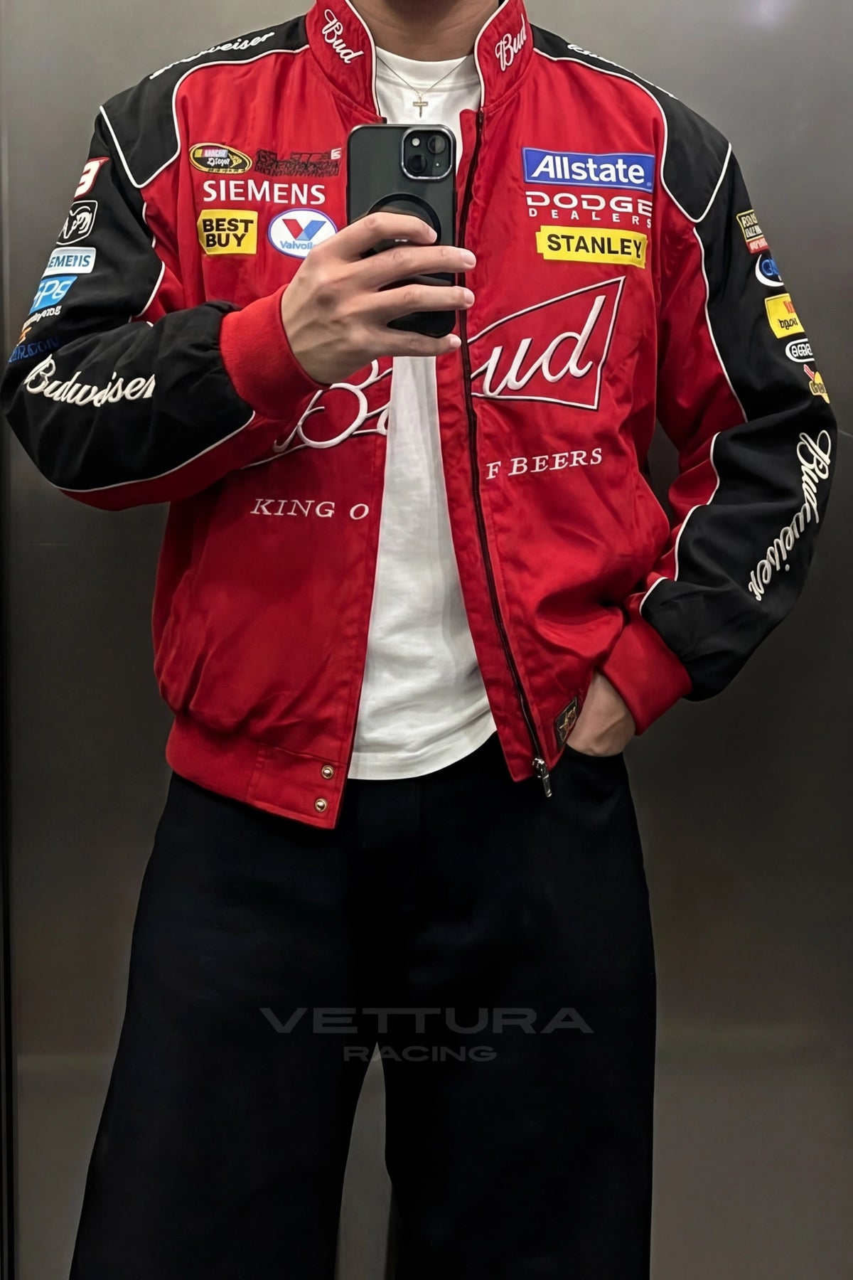 Street style look with the red Budweiser NASCAR racing jacket