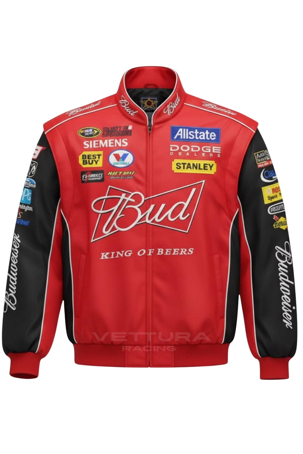 Close-up of the red Budweiser NASCAR jacket chest embroidery