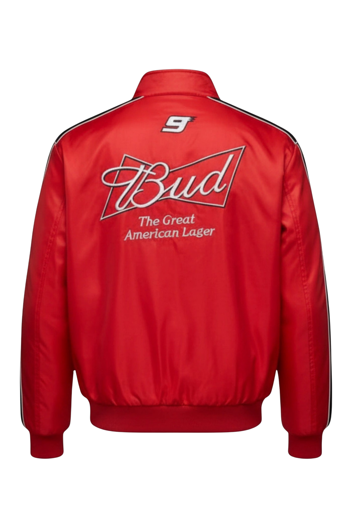 Red Budweiser NASCAR jacket flat back view with embroidered script