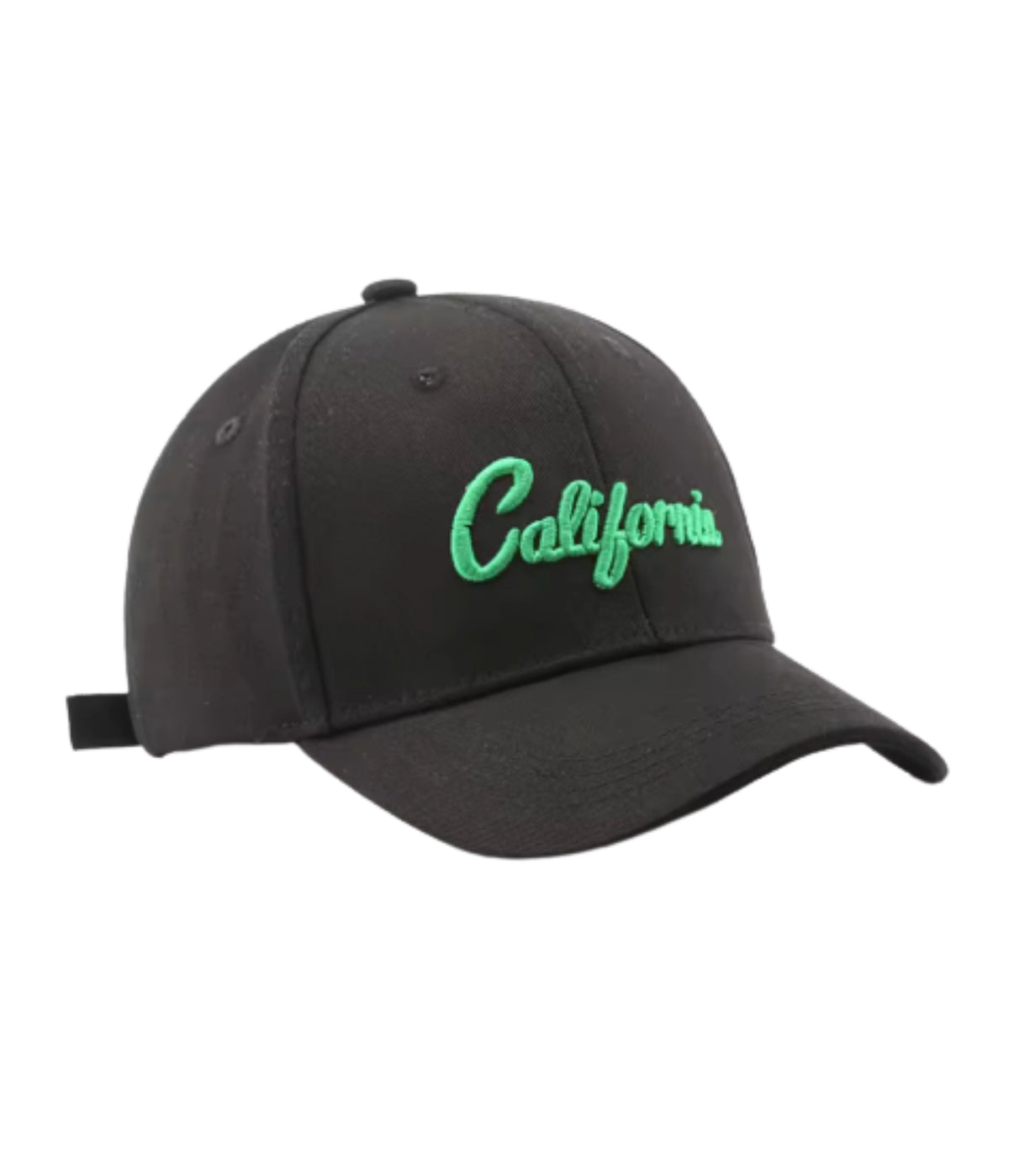 Carbon black California cap with raised green script embroidery, angled view