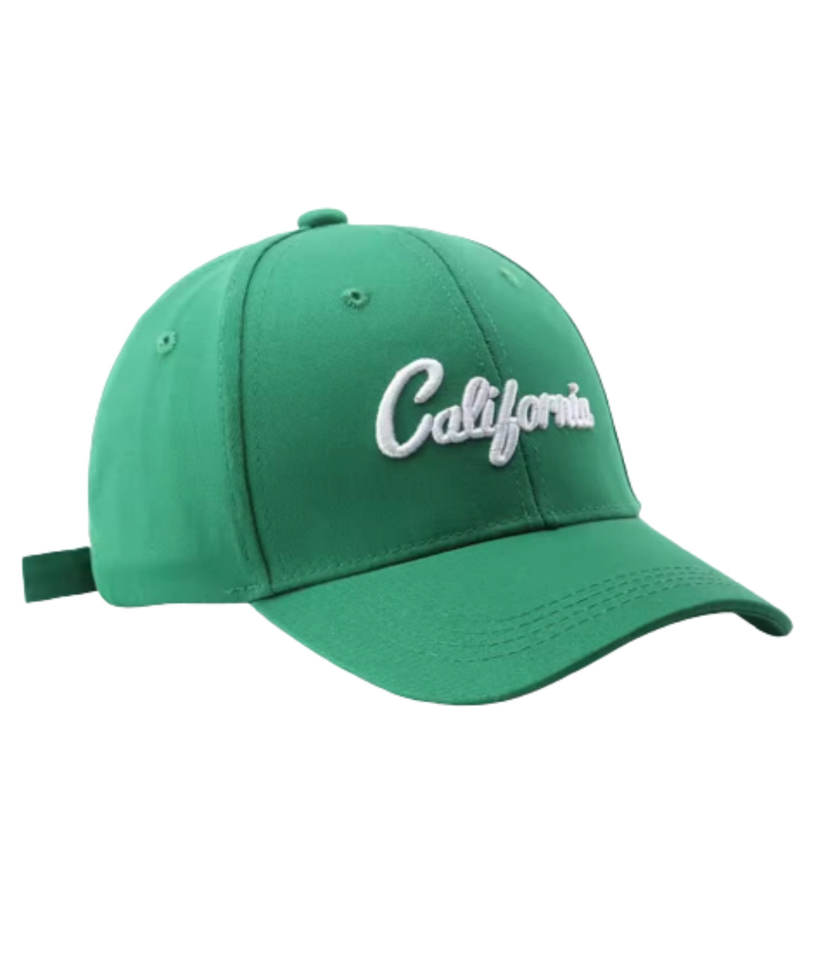 Green California cap with raised white script embroidery, angled view