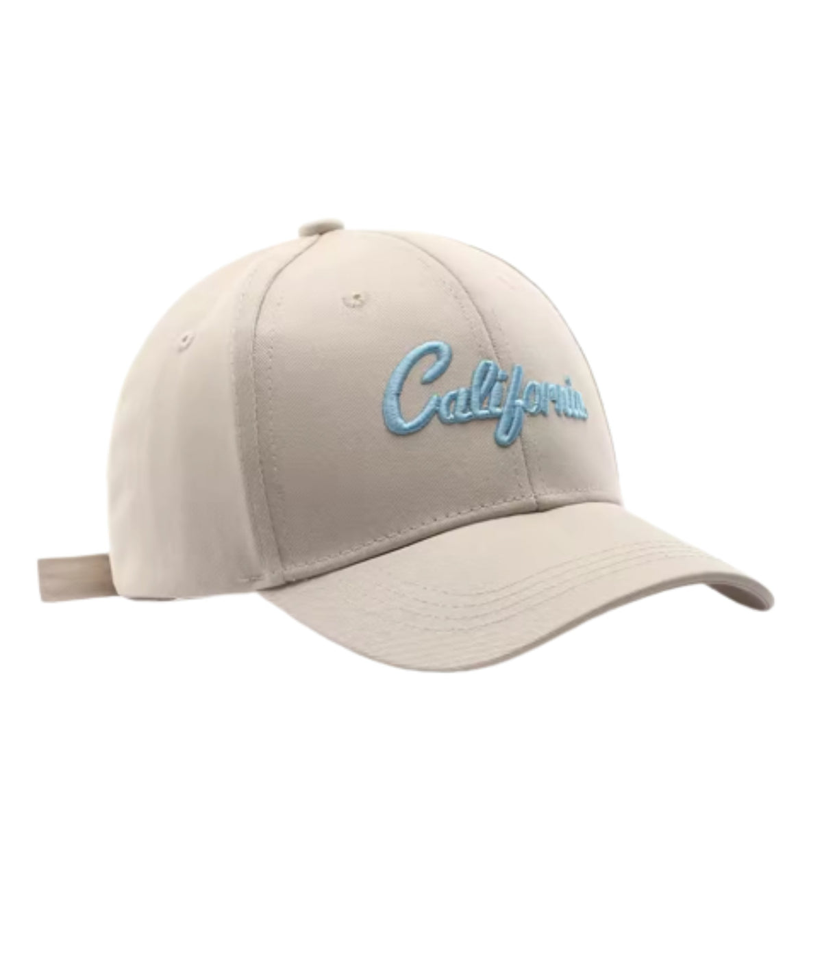 Sahara Brown California cap with raised light blue script embroidery, angled view