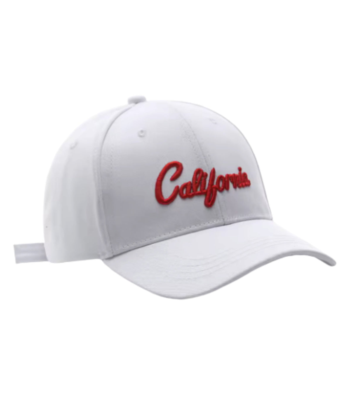White California cap with raised red script embroidery, angled view