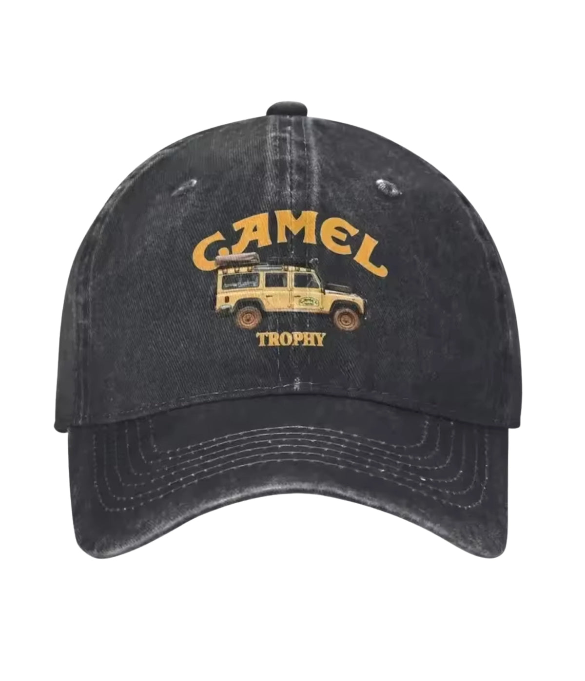 Black Camel 4x4 washed cotton dad cap, front view