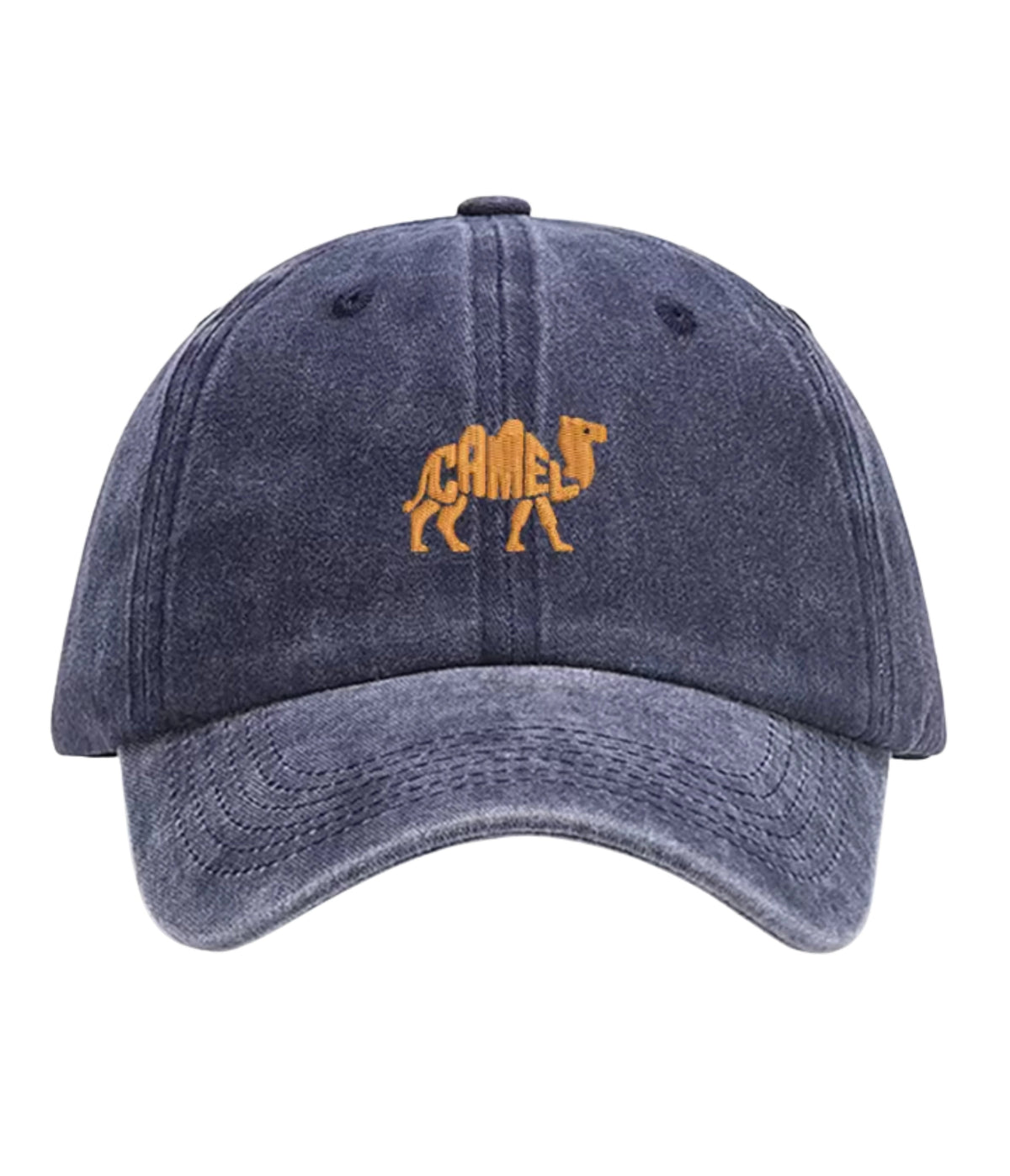 Navy Camel embroidered dad cap, front view