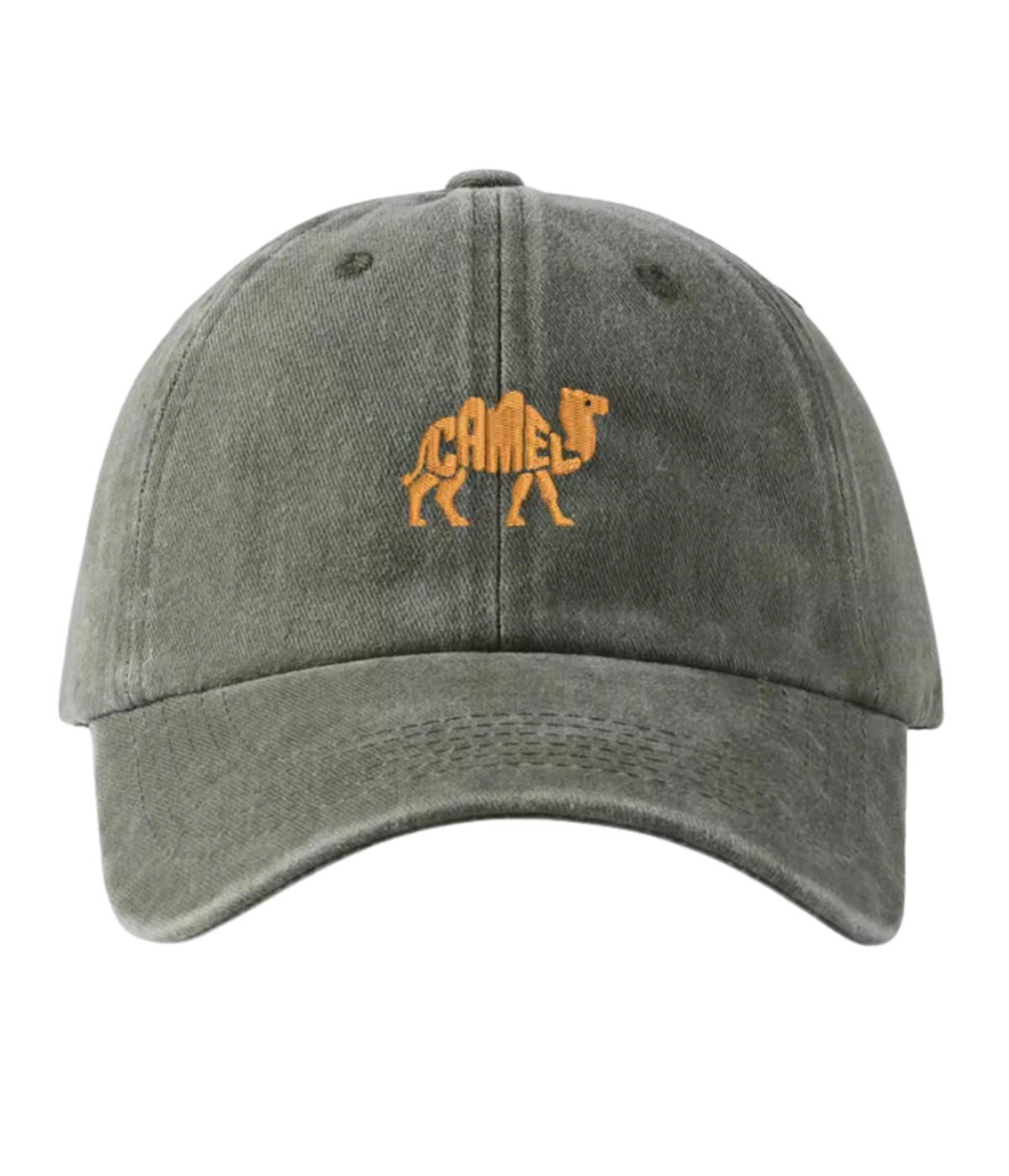Olive green Camel embroidered dad cap, front view