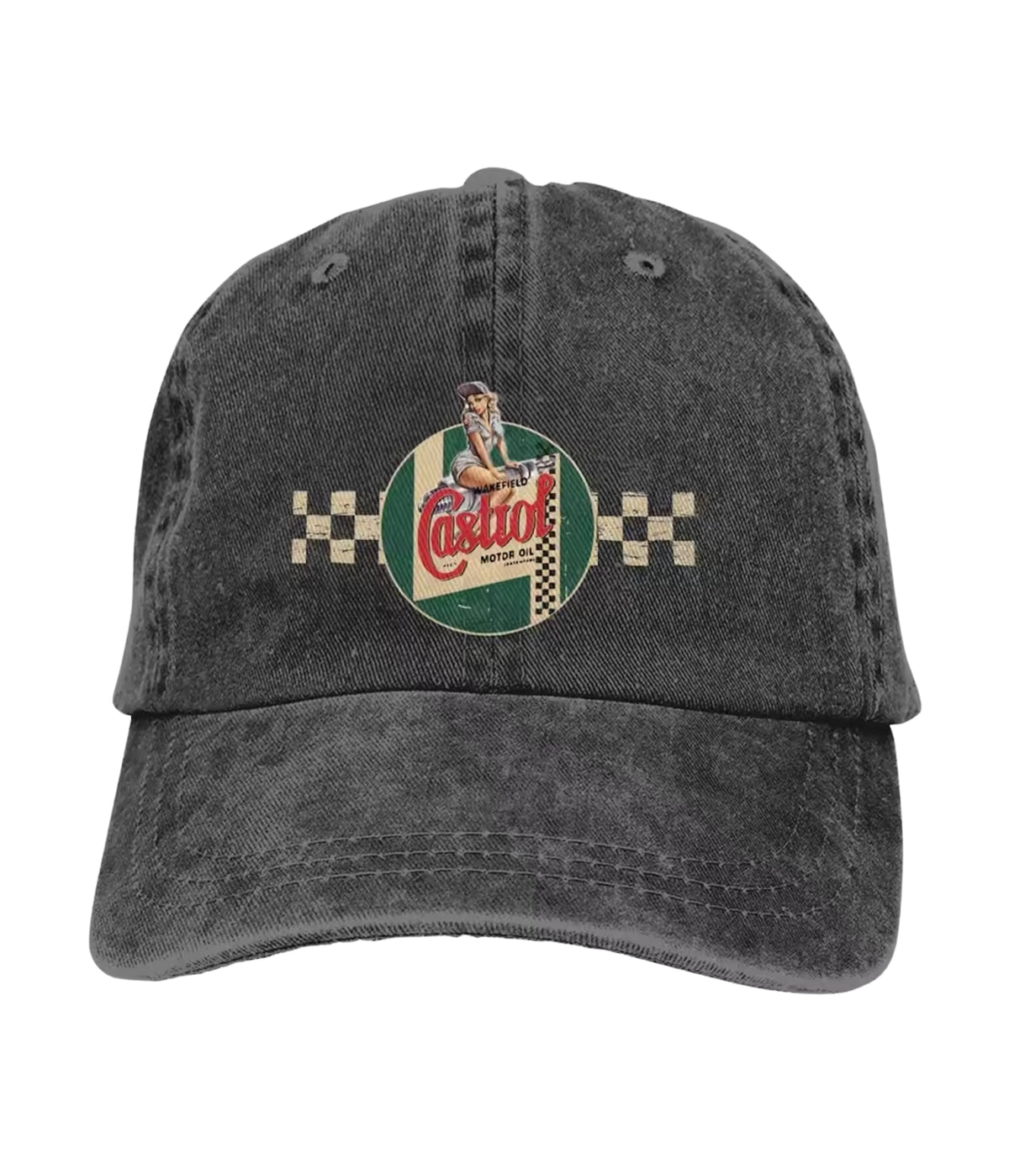 Black Castrol Motor embroidered dad cap, front view