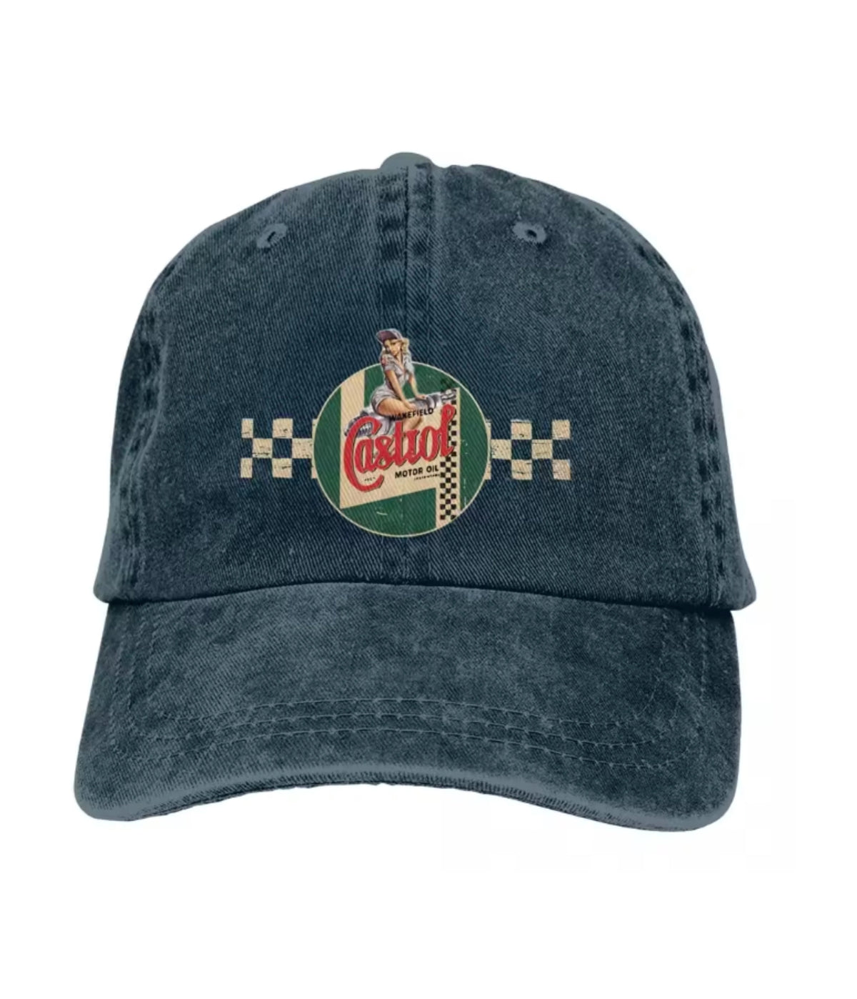 Navy Castrol Motor embroidered dad cap, front view