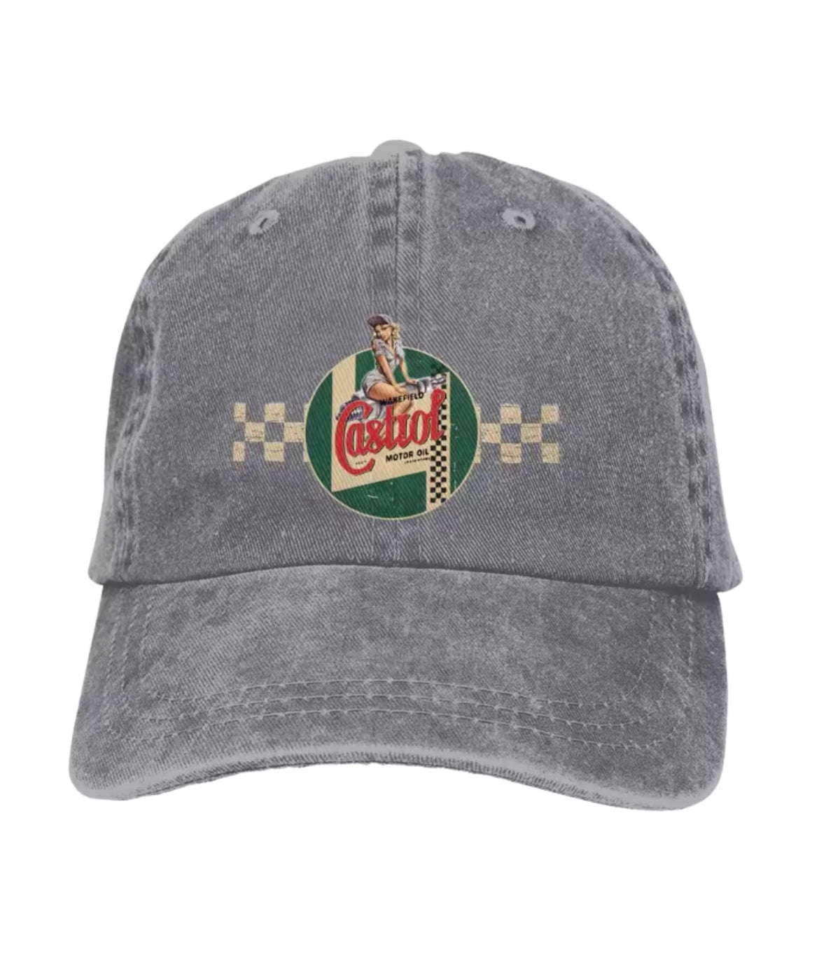 Gray Castrol Motor embroidered dad cap, front view