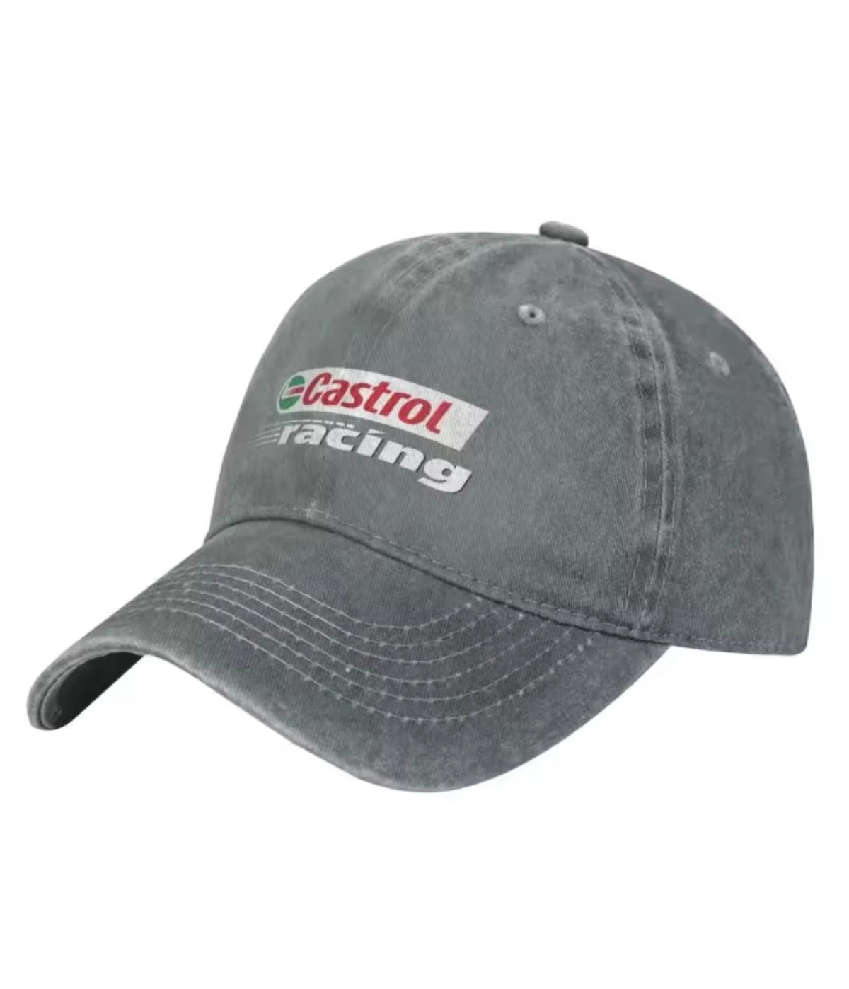 Gray Castrol Racing washed cotton dad cap, front view