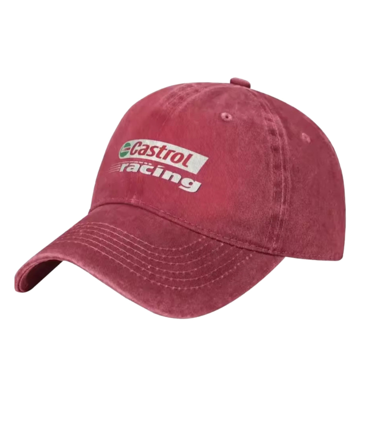Red Castrol Racing washed cotton dad cap, front view