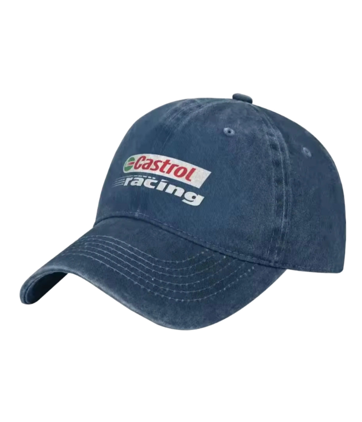 Navy Castrol Racing washed cotton dad cap, front view