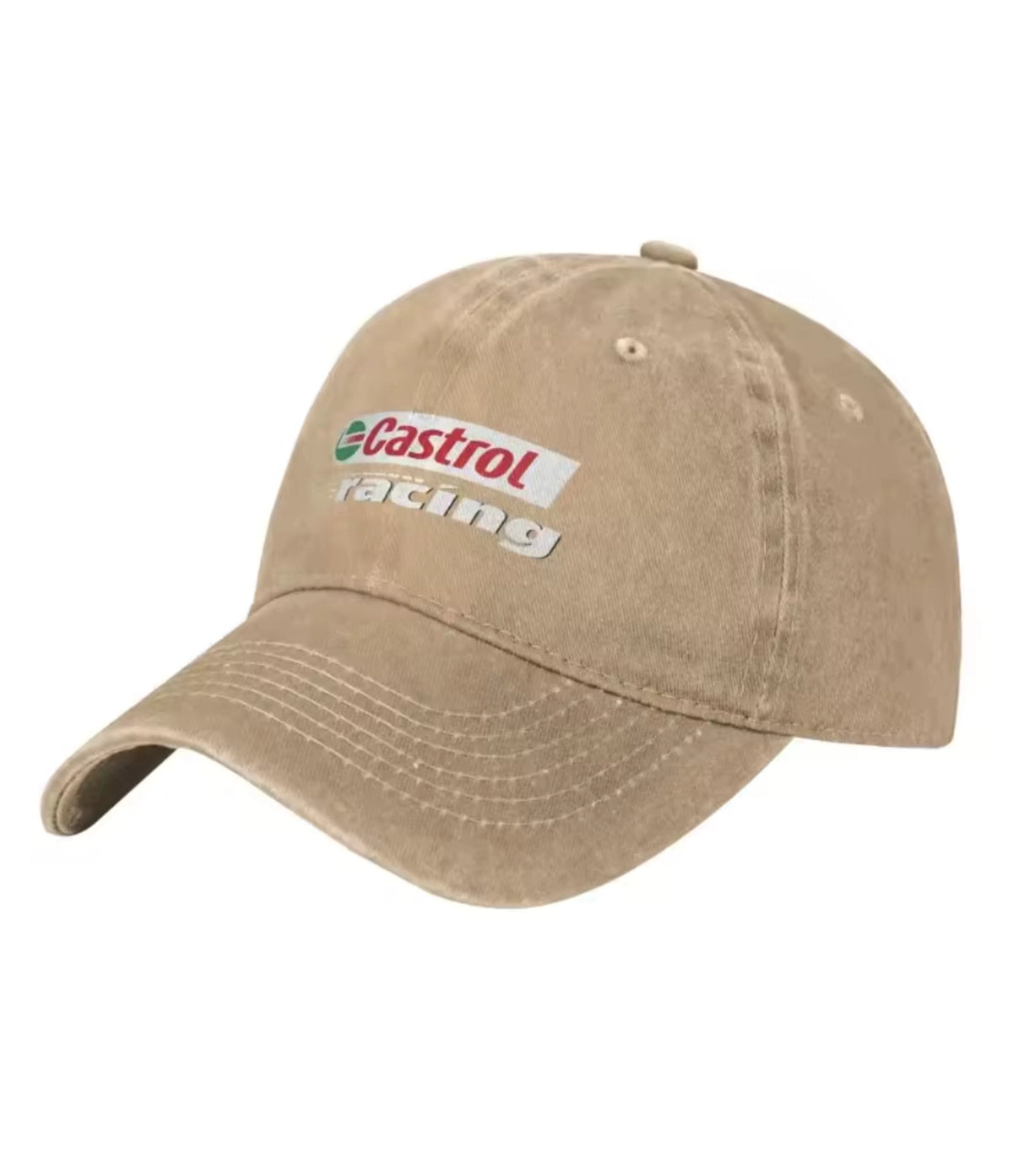 Beige Castrol Racing washed cotton dad cap, front view