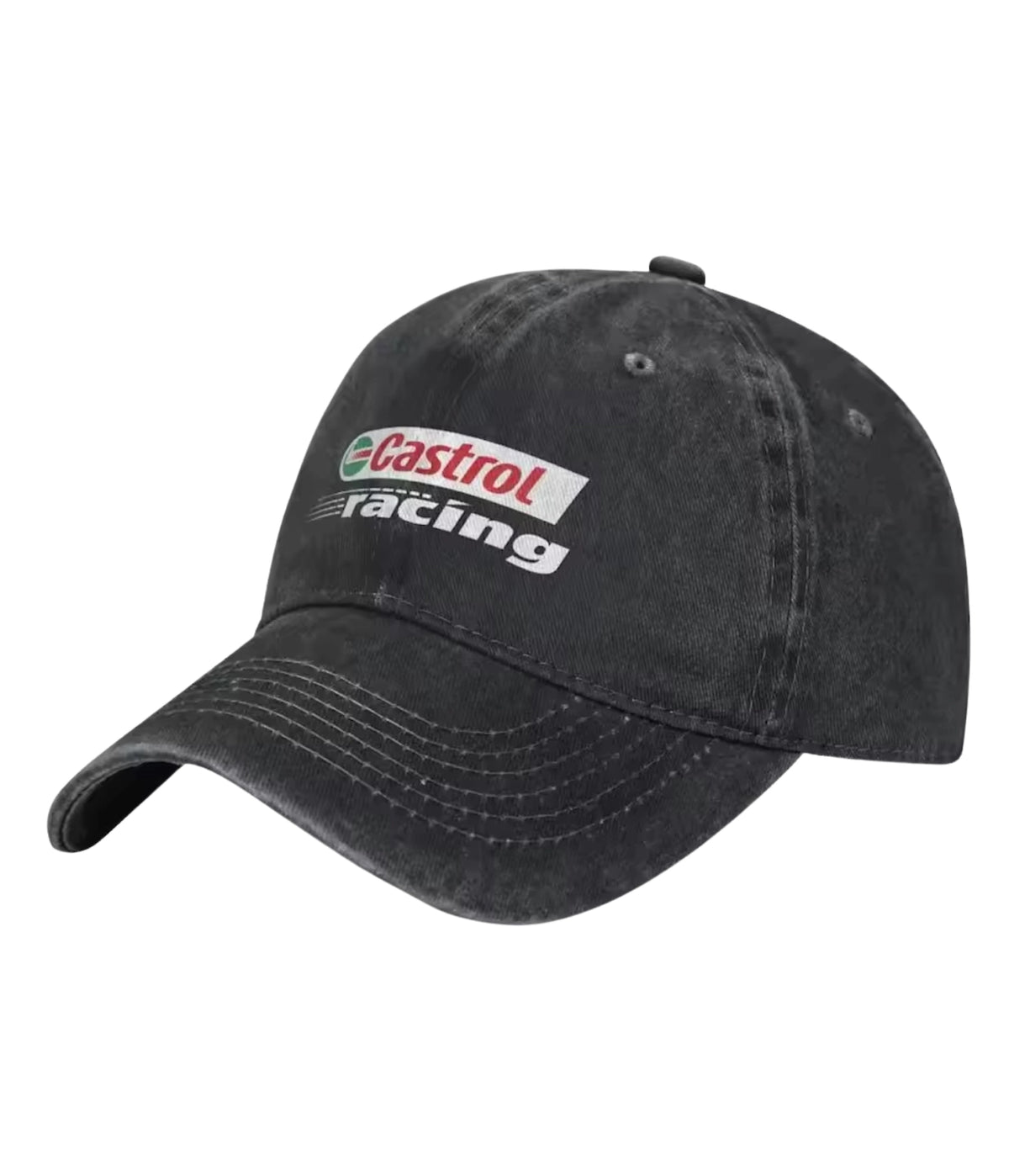 Black Castrol Racing washed cotton dad cap, front view
