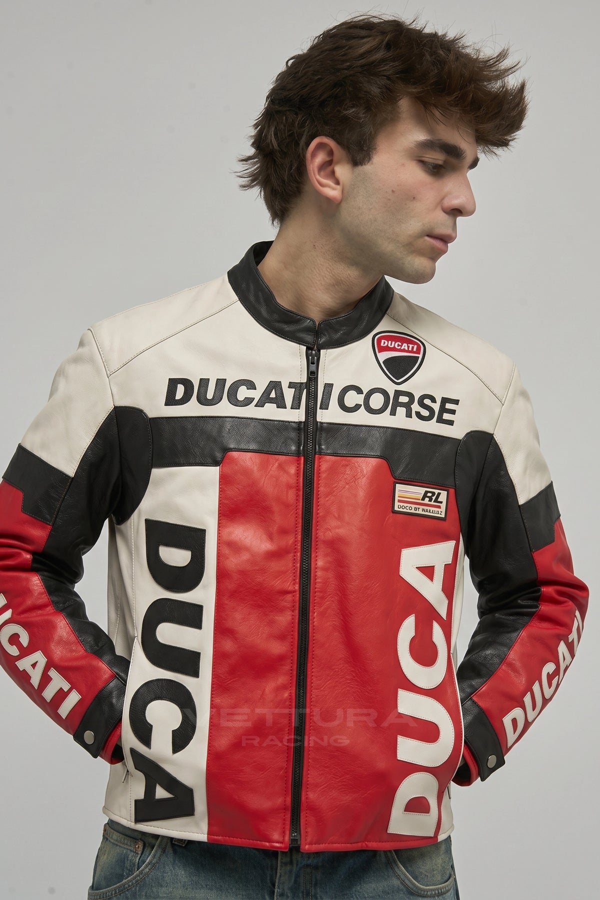 Ducati Corse racing jacket styled with jeans in daylight