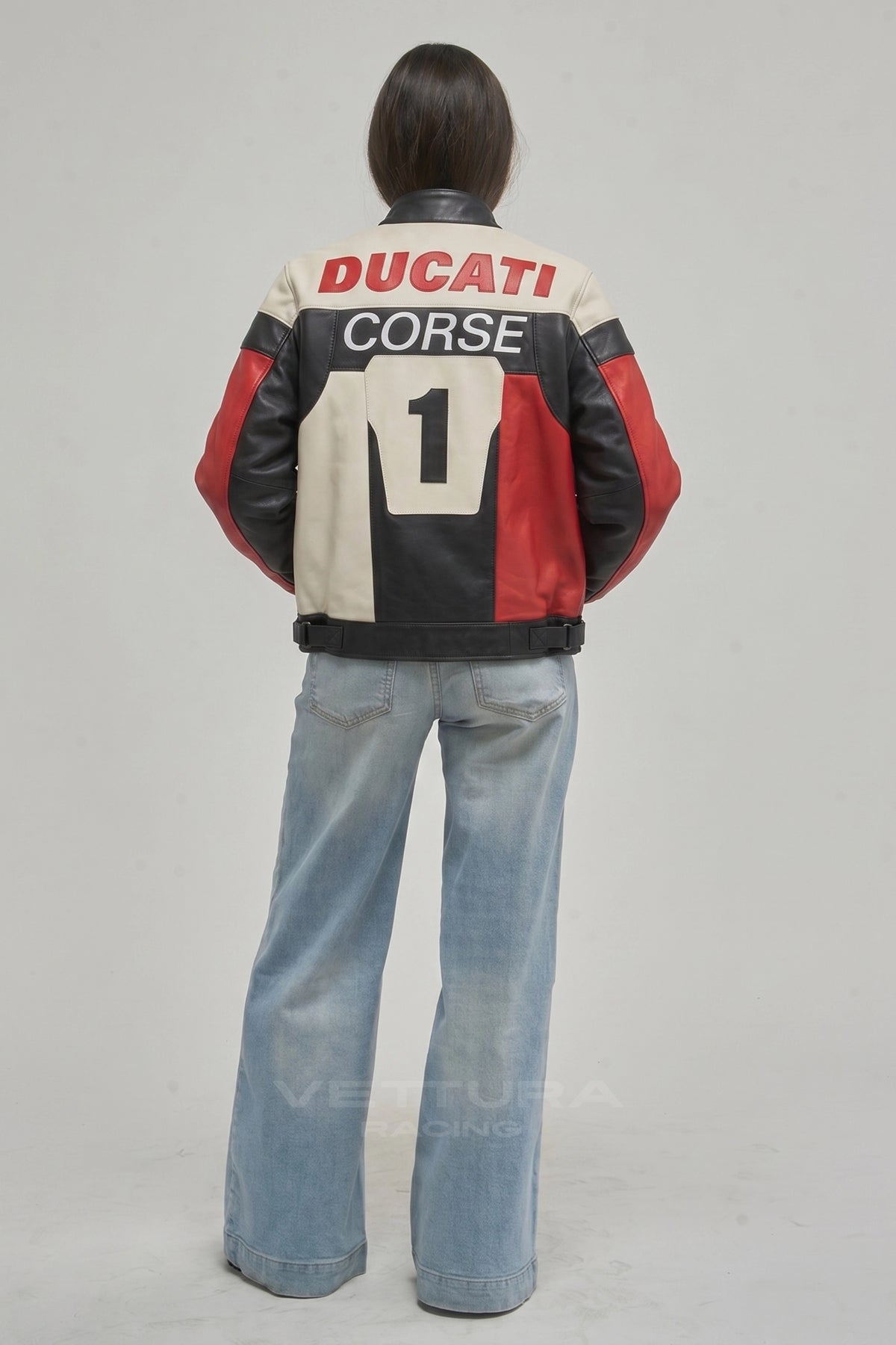 Ducati Corse leather jacket on a model, sleeve wordmark detail