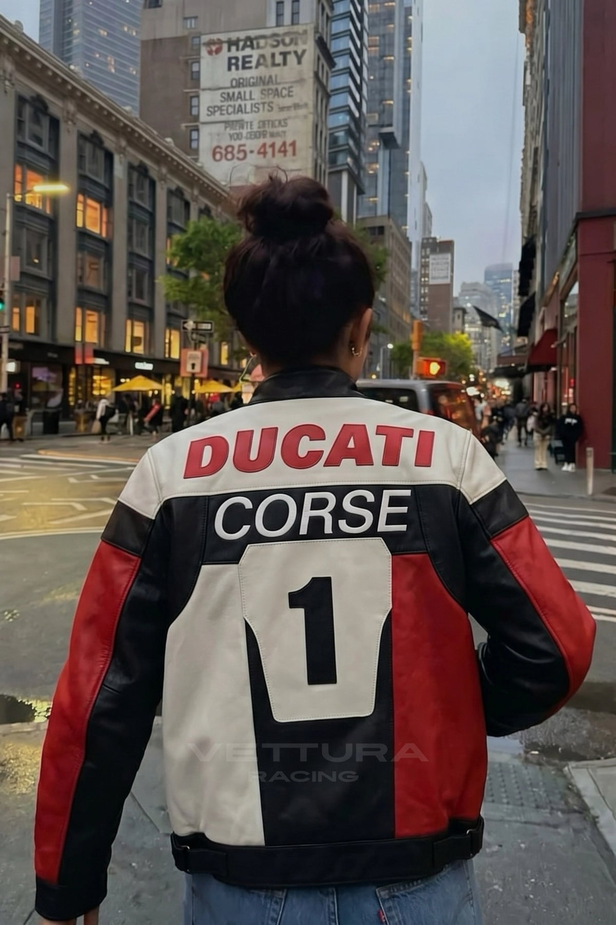 Close view of the Ducati Corse chest lockup on the leather jacket
