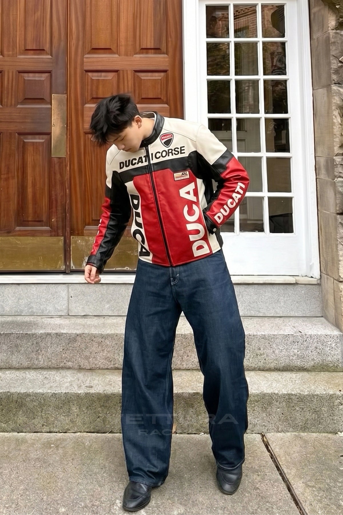 Ducati Corse leather racing jacket photographed outdoors