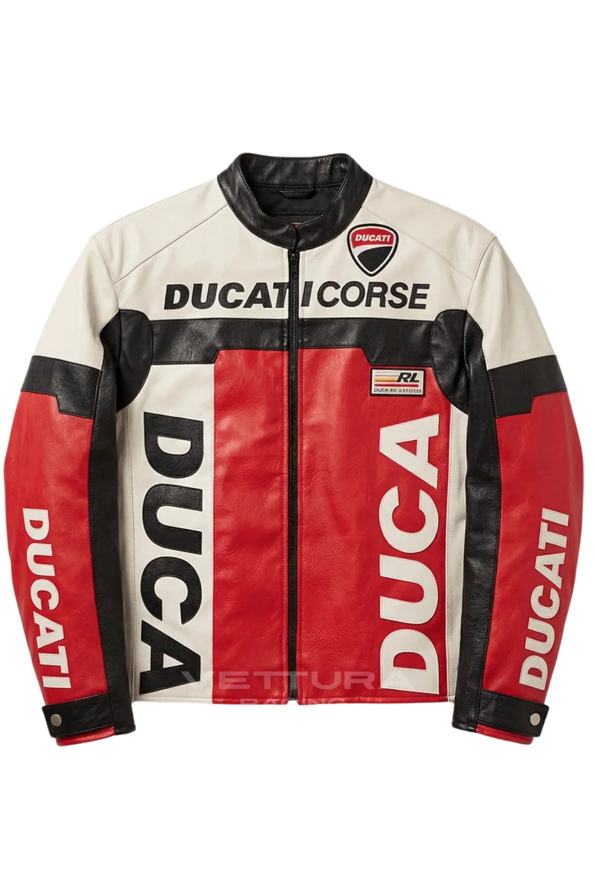 Detail of the vegan leather panels and full zip on the Ducati Corse jacket