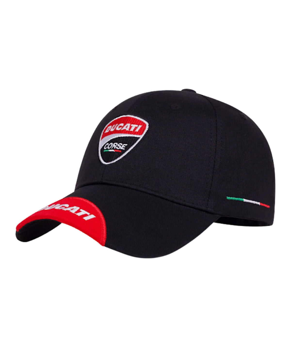 Black Ducati Corse embroidered racing cap, side view