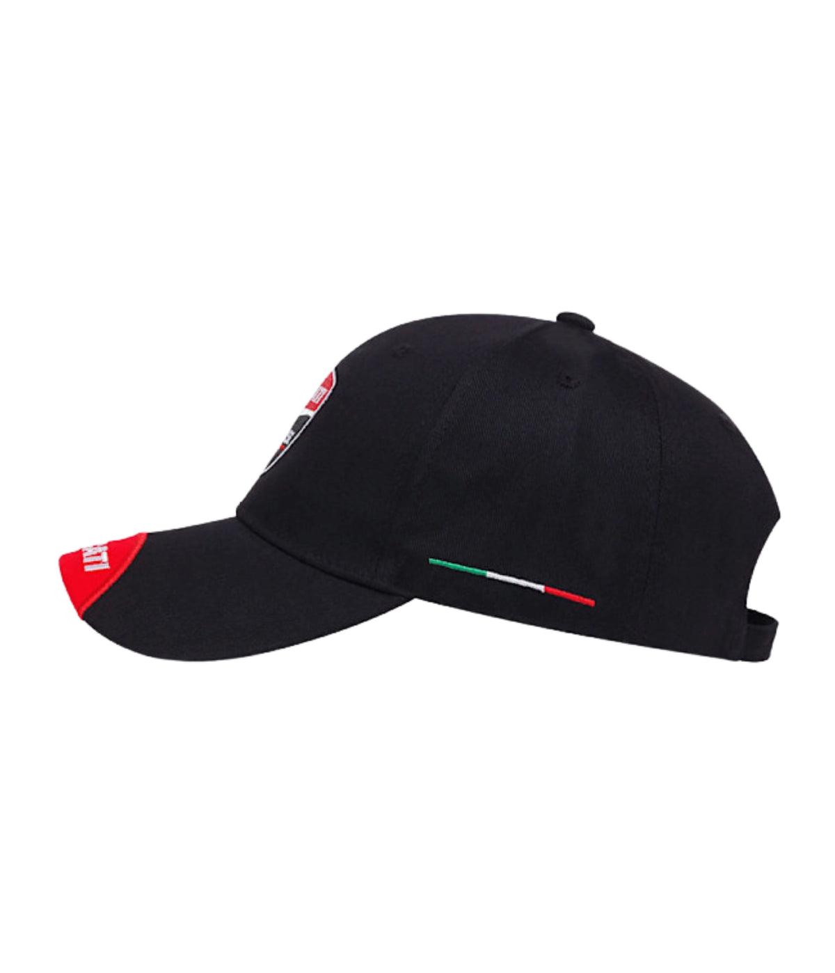 Side profile of the Ducati Corse cap with red under-brim