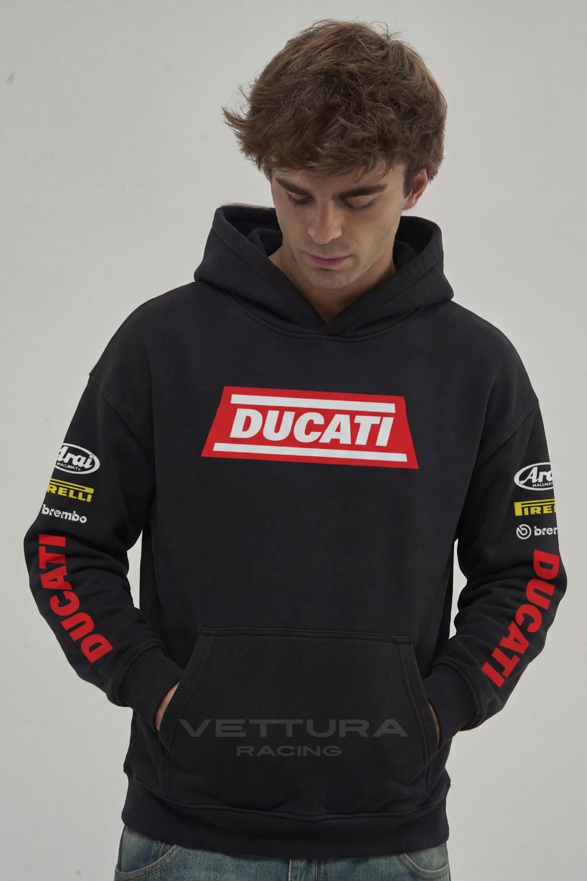 Ducati racing hoodie styled with jeans in daylight