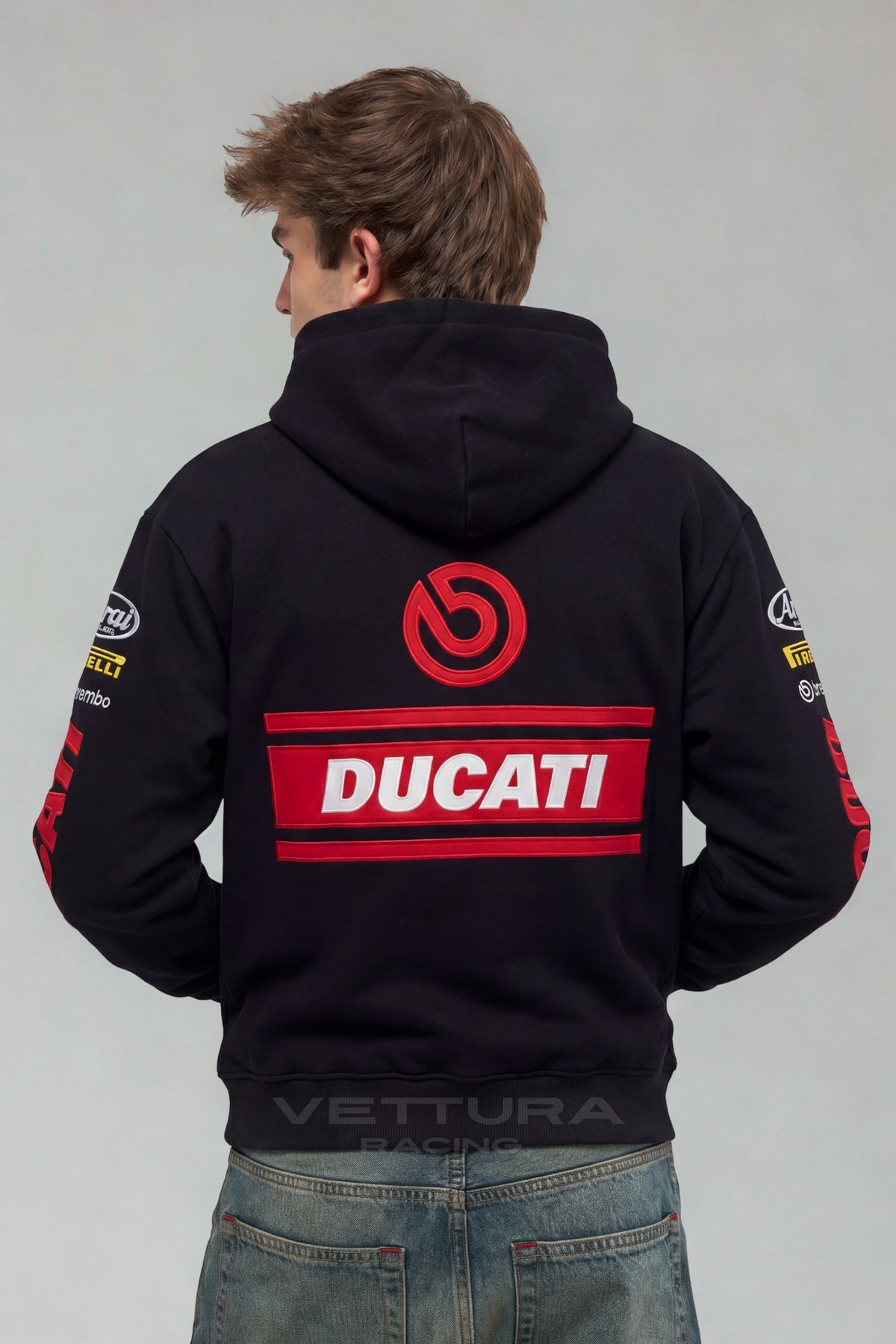 Ducati embroidered hoodie worn on the street, relaxed fit