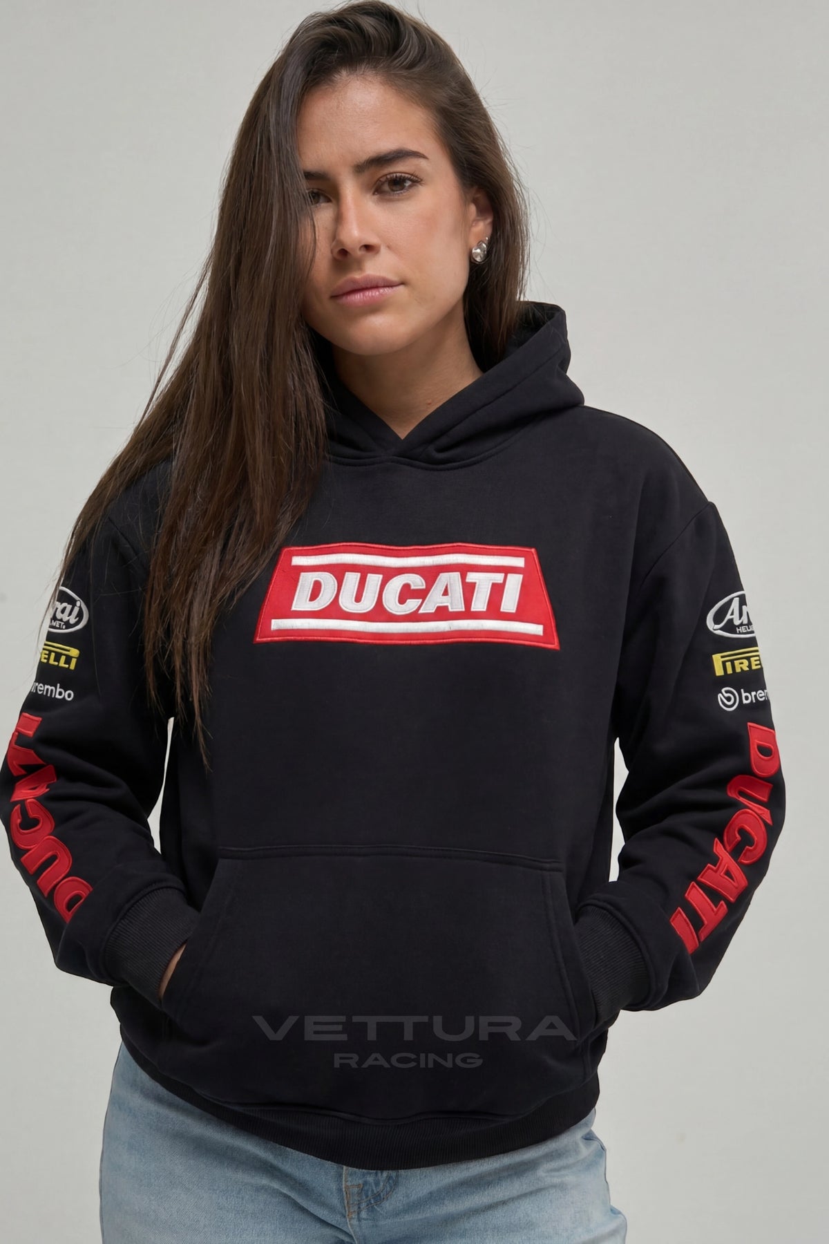 Close view of the embroidered Ducati chest block