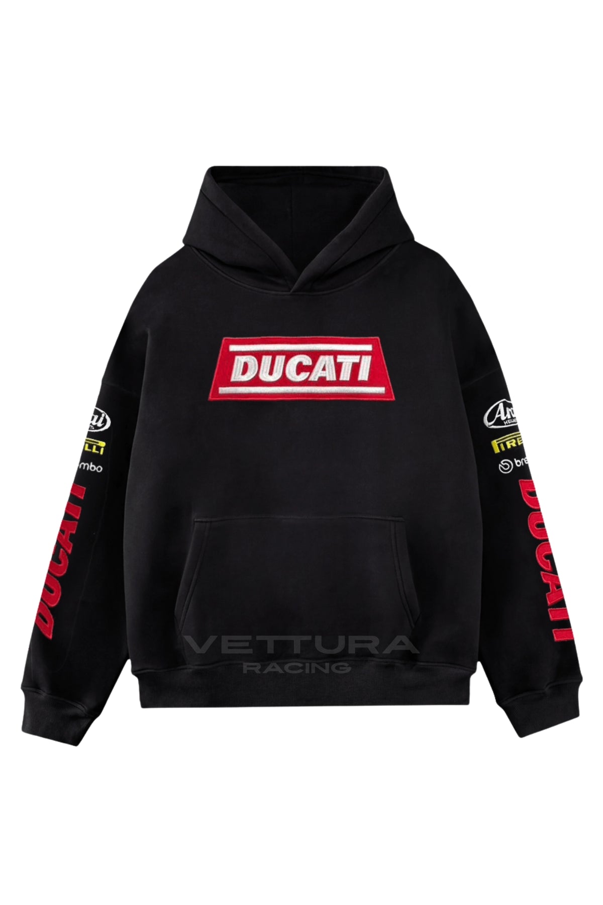 Ducati racing embroidered hoodie, front product shot on a white background