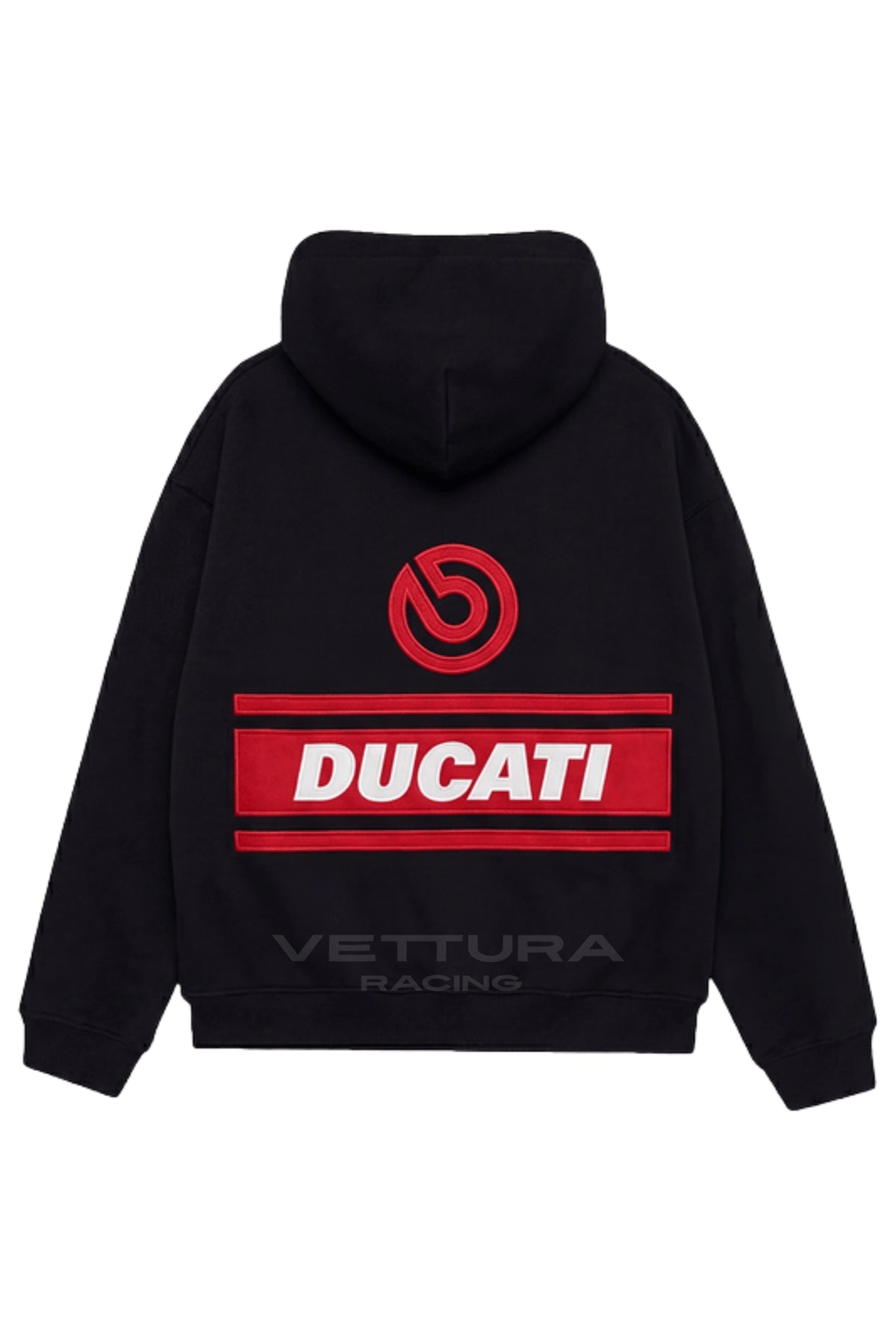Back of the Ducati hoodie with the embroidered red Ducati panel