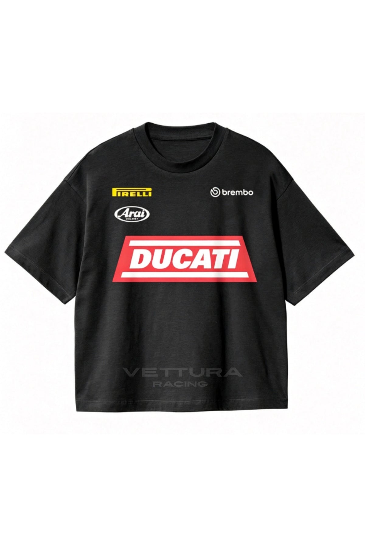 Ducati racing t-shirt in black, front view with the red Ducati chest block
