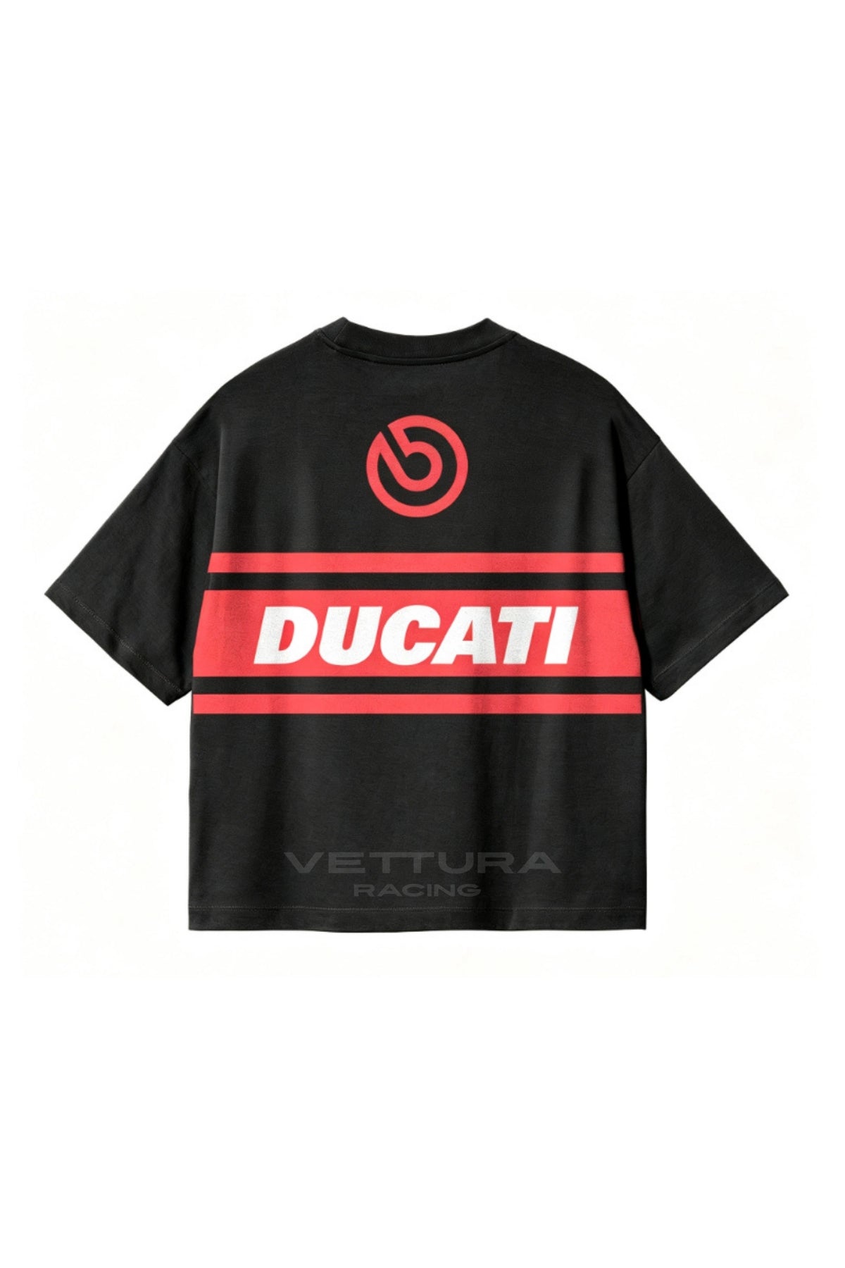 Back of the Ducati racing t-shirt with the Brembo mark and red racing stripes