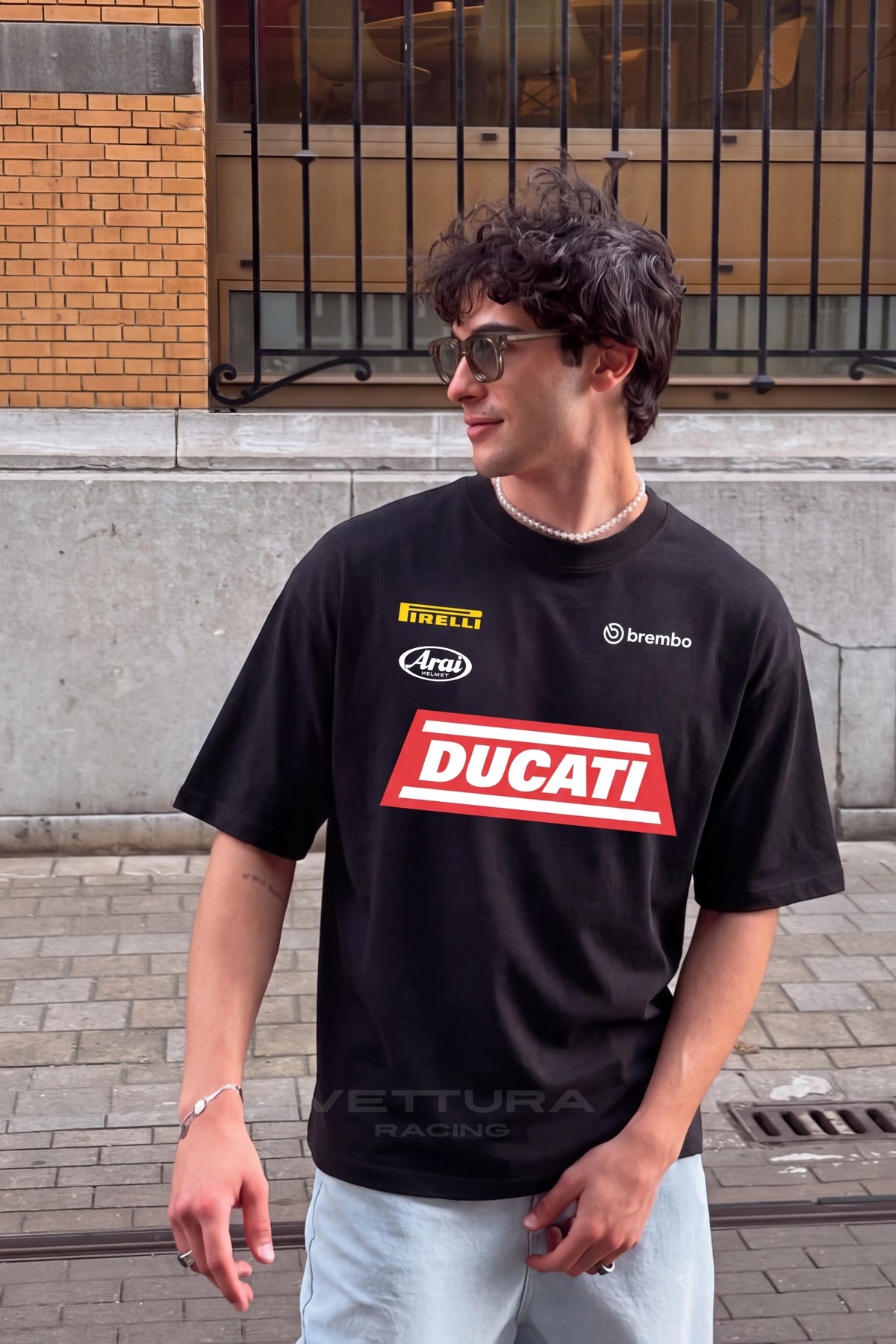 Ducati racing tee worn with jeans, regular fit