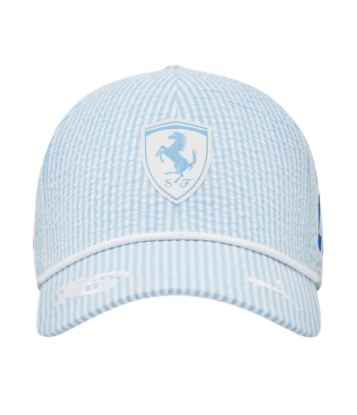 Front of the light blue Ferrari F1 seersucker cap with the tonal Prancing Horse shield