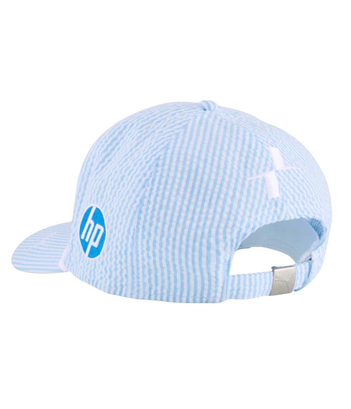 Rear of the Ferrari F1 2025 seersucker cap showing the HP mark and metal clasp strap