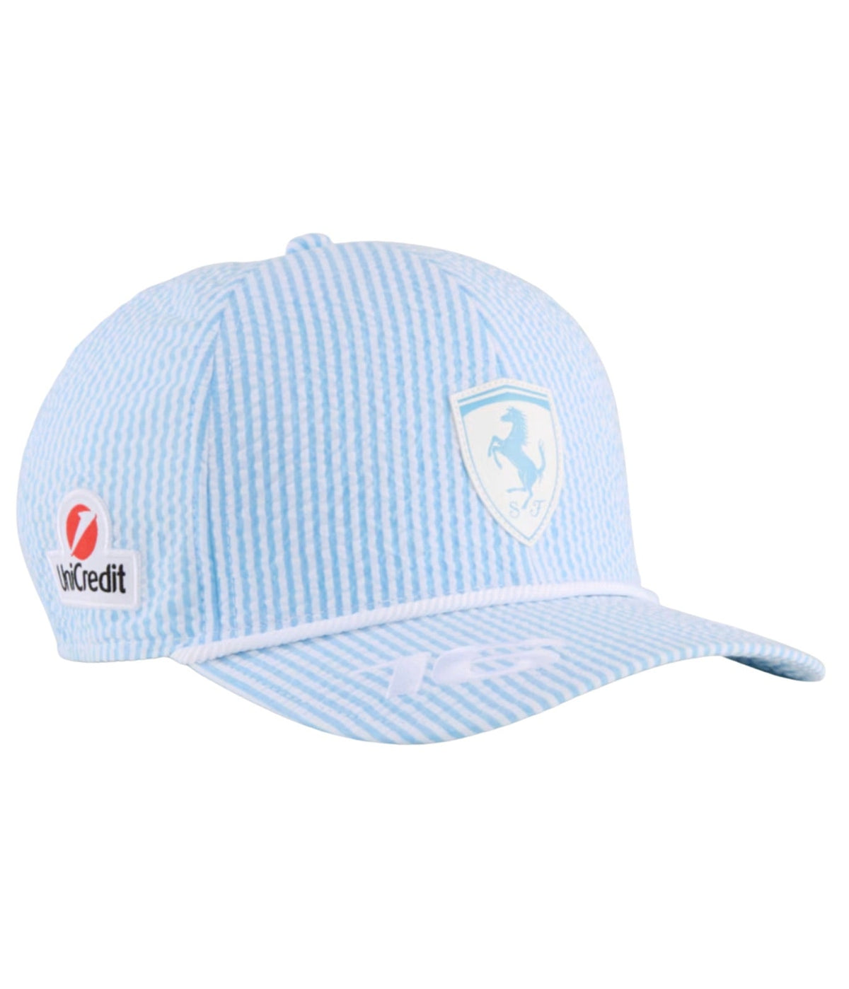 Light blue striped Ferrari F1 2025 seersucker cap at an angle with white rope trim