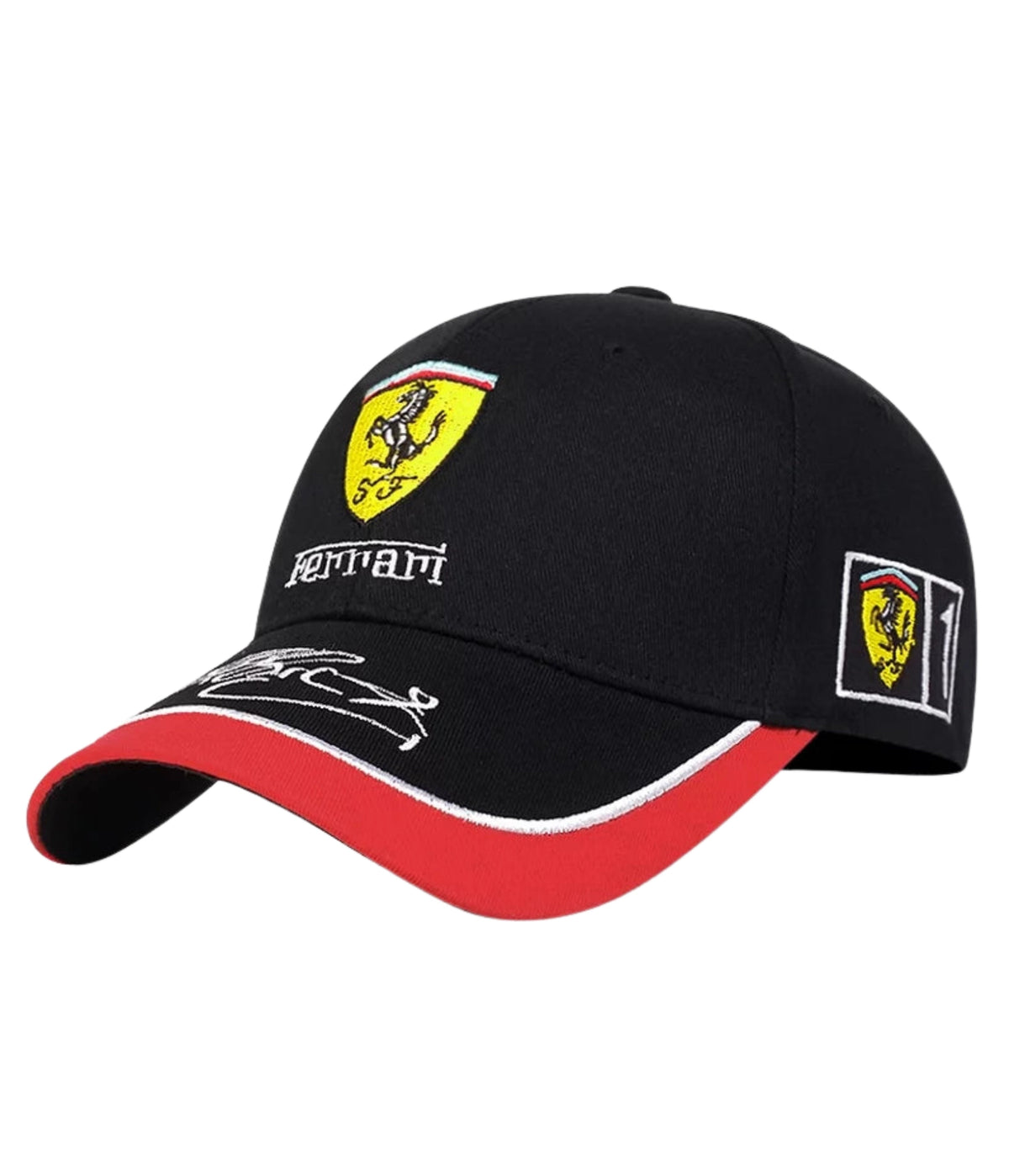 Black Ferrari F1 embroidered cap with red trim, side view