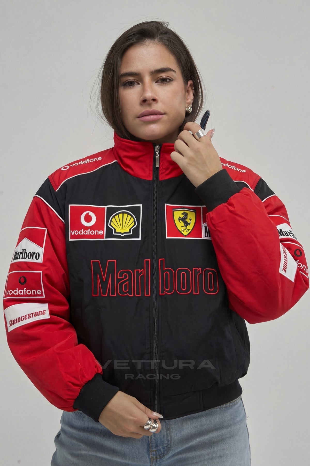 Close view of the Shell and Vodafone patches on the Marlboro Ferrari jacket