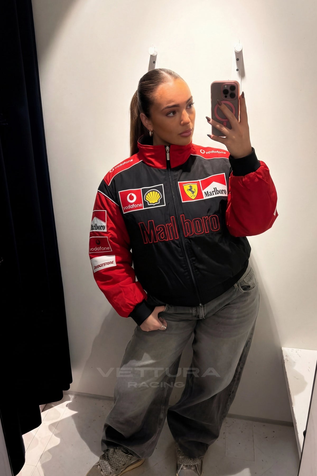 Ferrari F1 Marlboro racing jacket photographed outdoors