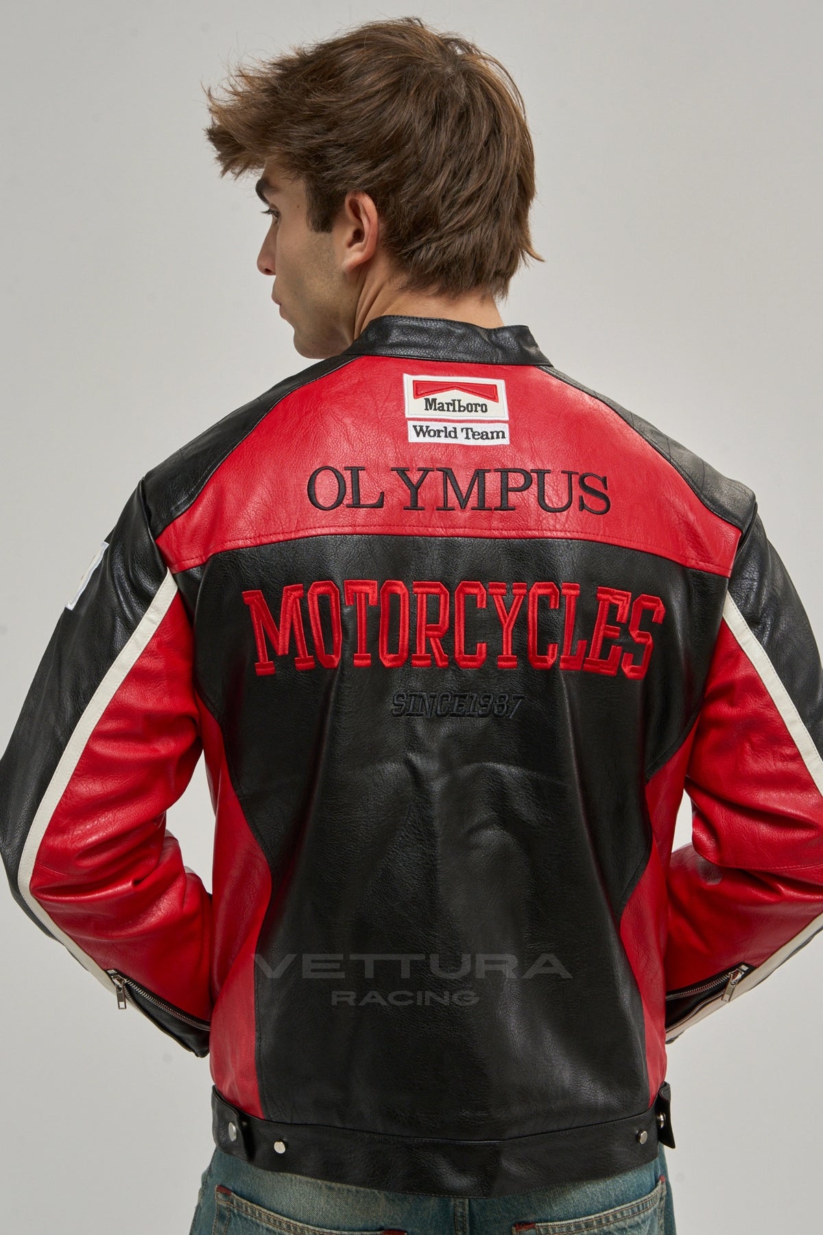 Ferrari F1 Olympus red edition leather jacket styled in daylight