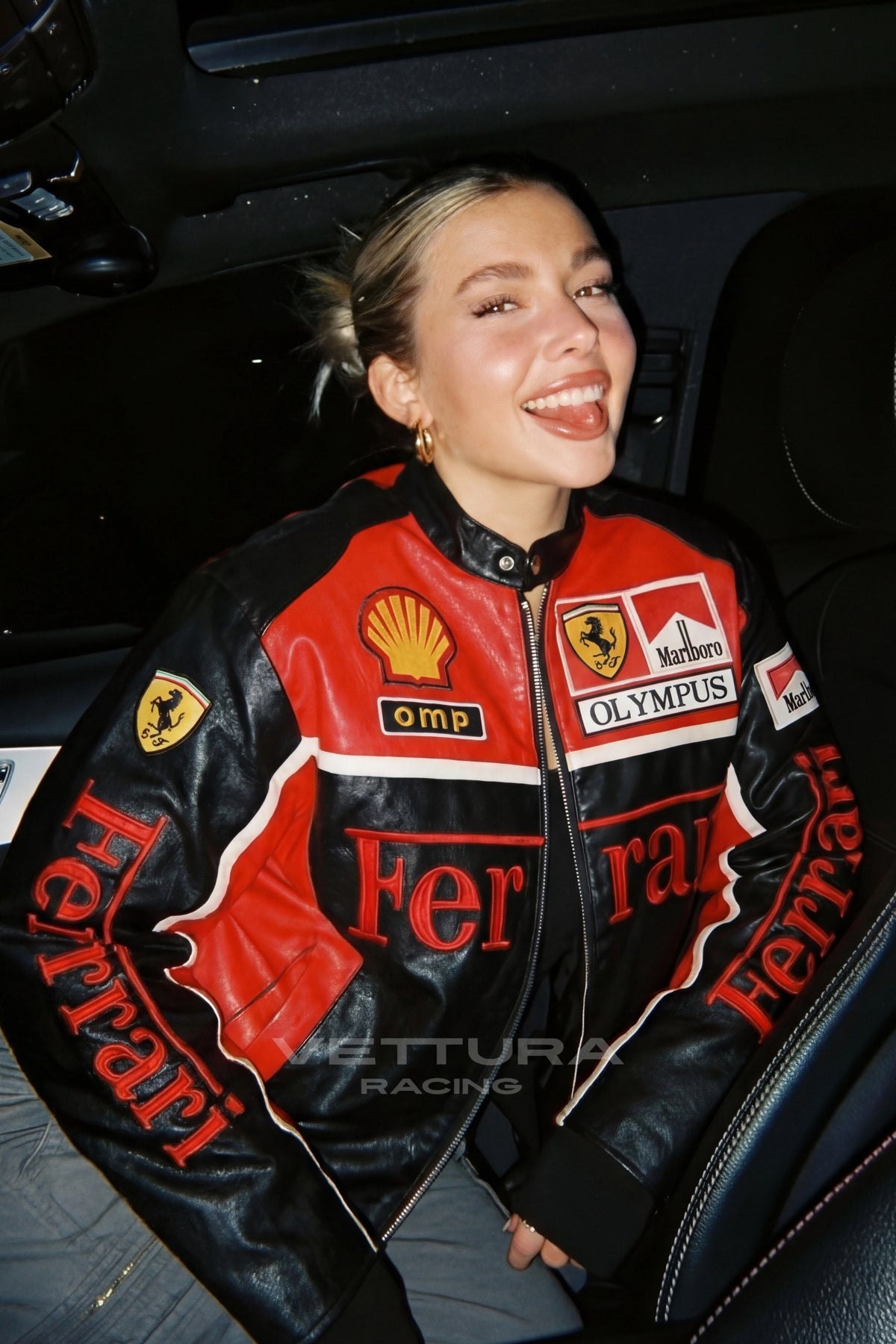 Ferrari F1 Olympus leather racing jacket worn on the street, everyday styling
