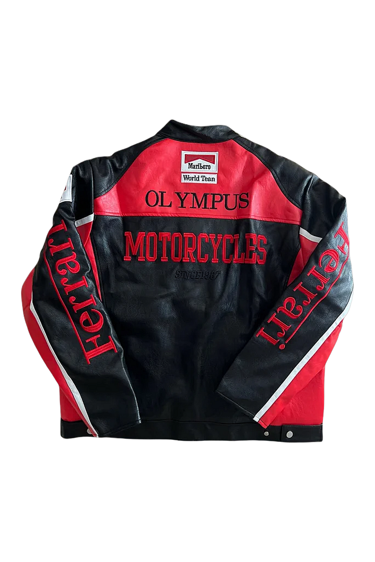 Ferrari F1 Olympus leather jacket, back cut-out with the embroidered Olympus Motorcycles block