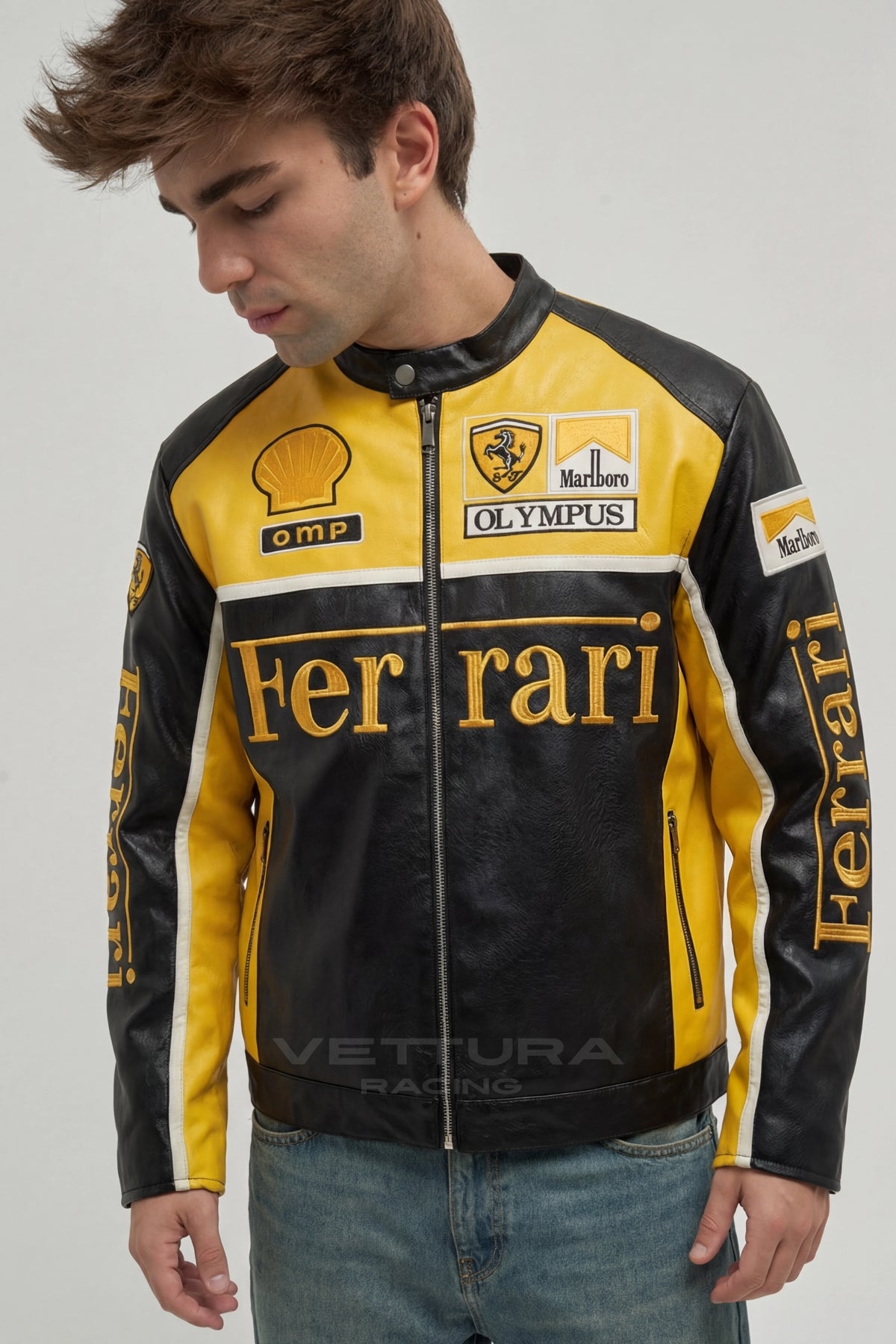 Ferrari F1 Olympus yellow leather jacket styled with jeans