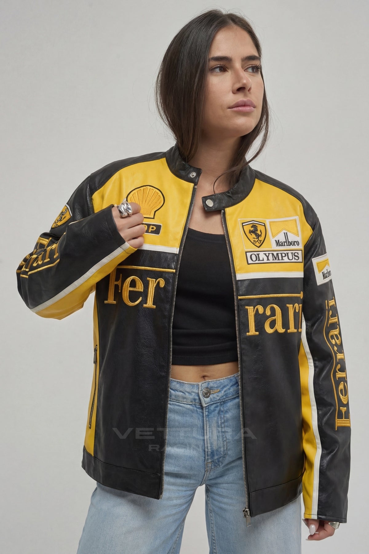 Model wearing the Ferrari F1 Olympus yellow edition leather jacket, front view