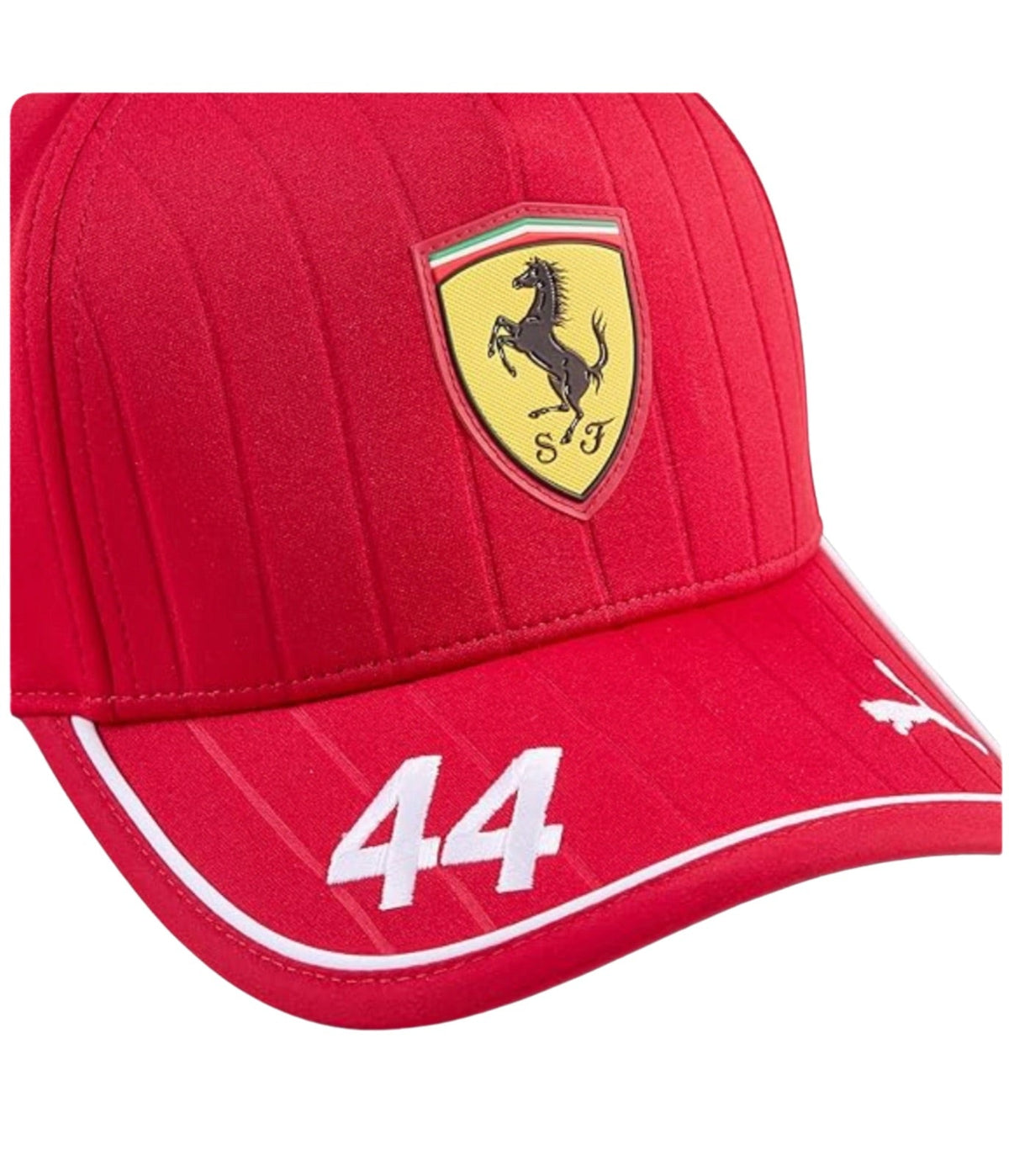 Close-up of the stitched number 44 and Puma mark on the brim of the red Ferrari cap